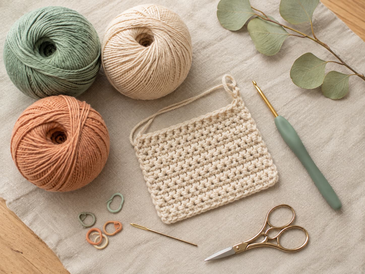 Beginner crochet kit essentials arranged on warm linen with ergonomic hooks, smooth light yarn, stitch markers, tapestry needle, scissors, and a simple practice swatch.