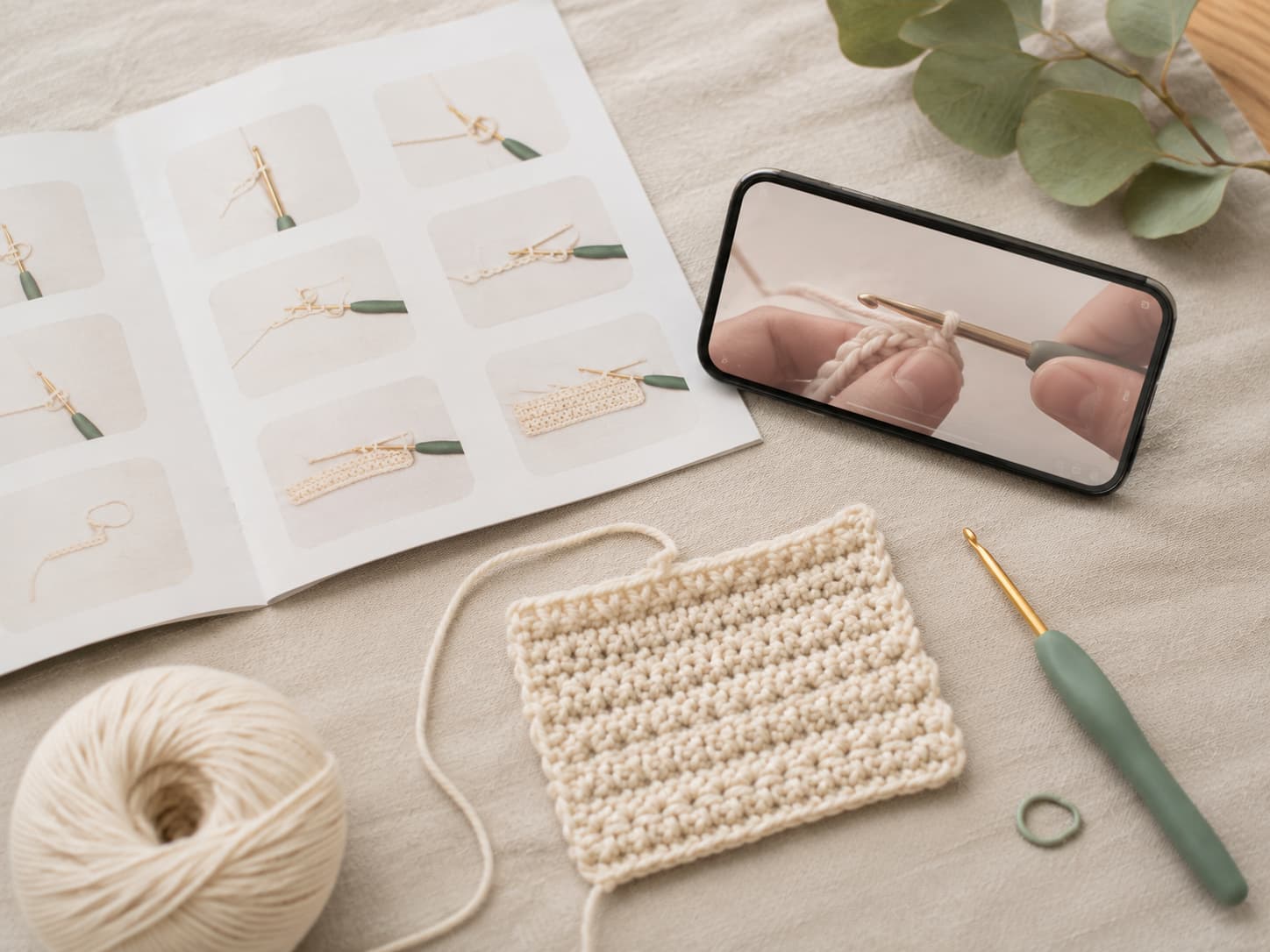 Beginner crochet learning setup with a simple practice piece, open step-by-step instruction booklet, phone showing a paused crochet lesson, and a stitch marker on warm linen.
