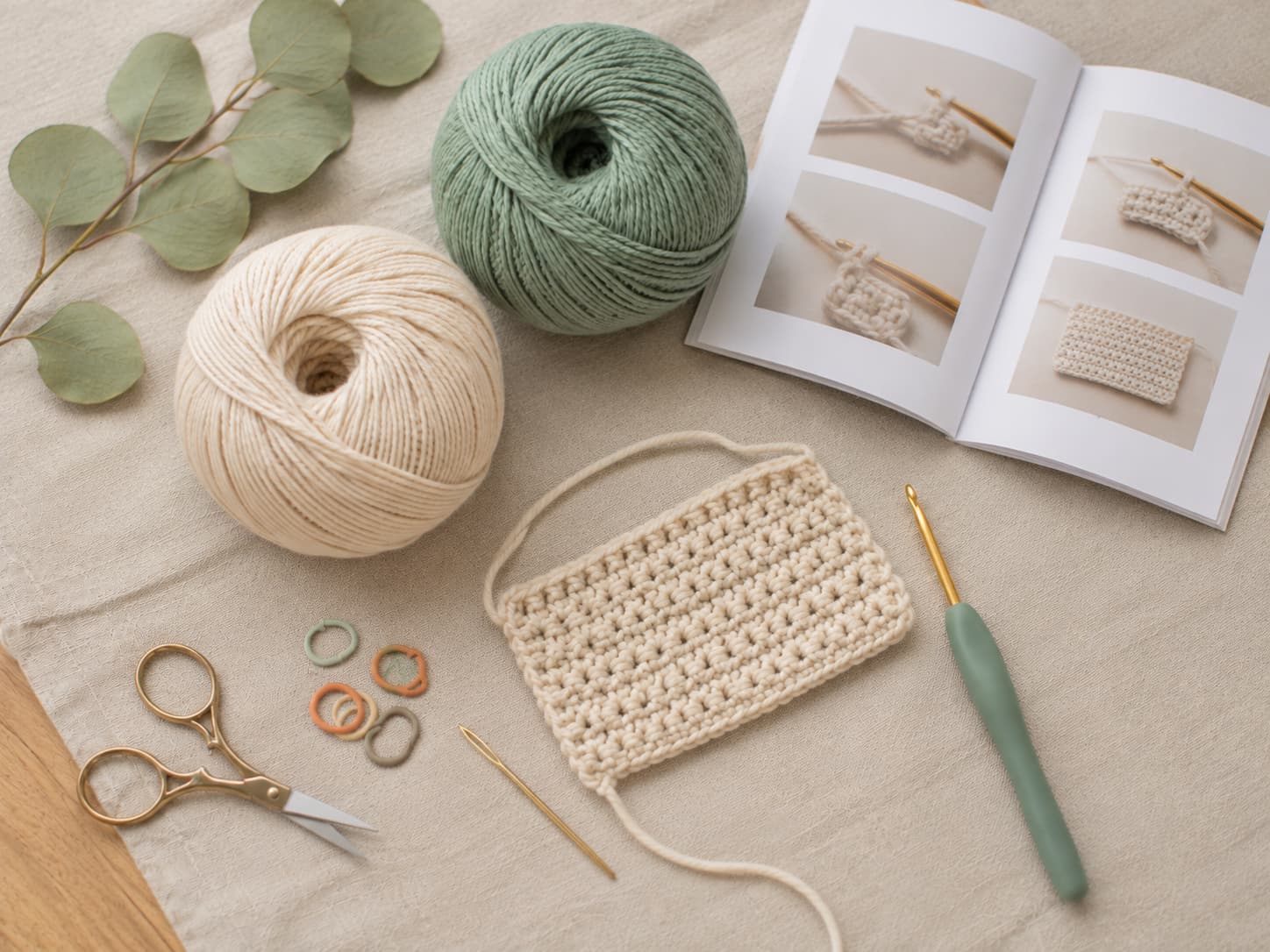 Beginner crochet kit components arranged in clear groups showing a comfortable hook, smooth light yarn, stitch markers, scissors, tapestry needle, and printed instructions.