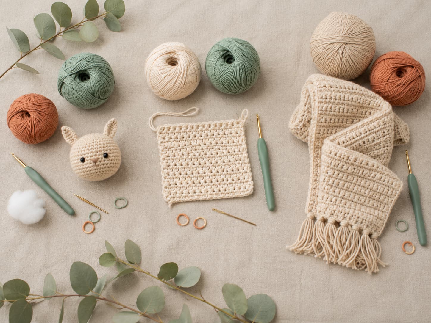 Three beginner crochet kit styles compared on warm linen: a guided amigurumi setup, a simple flat-project kit, and a premium wearable-project setup with no branded packaging.
