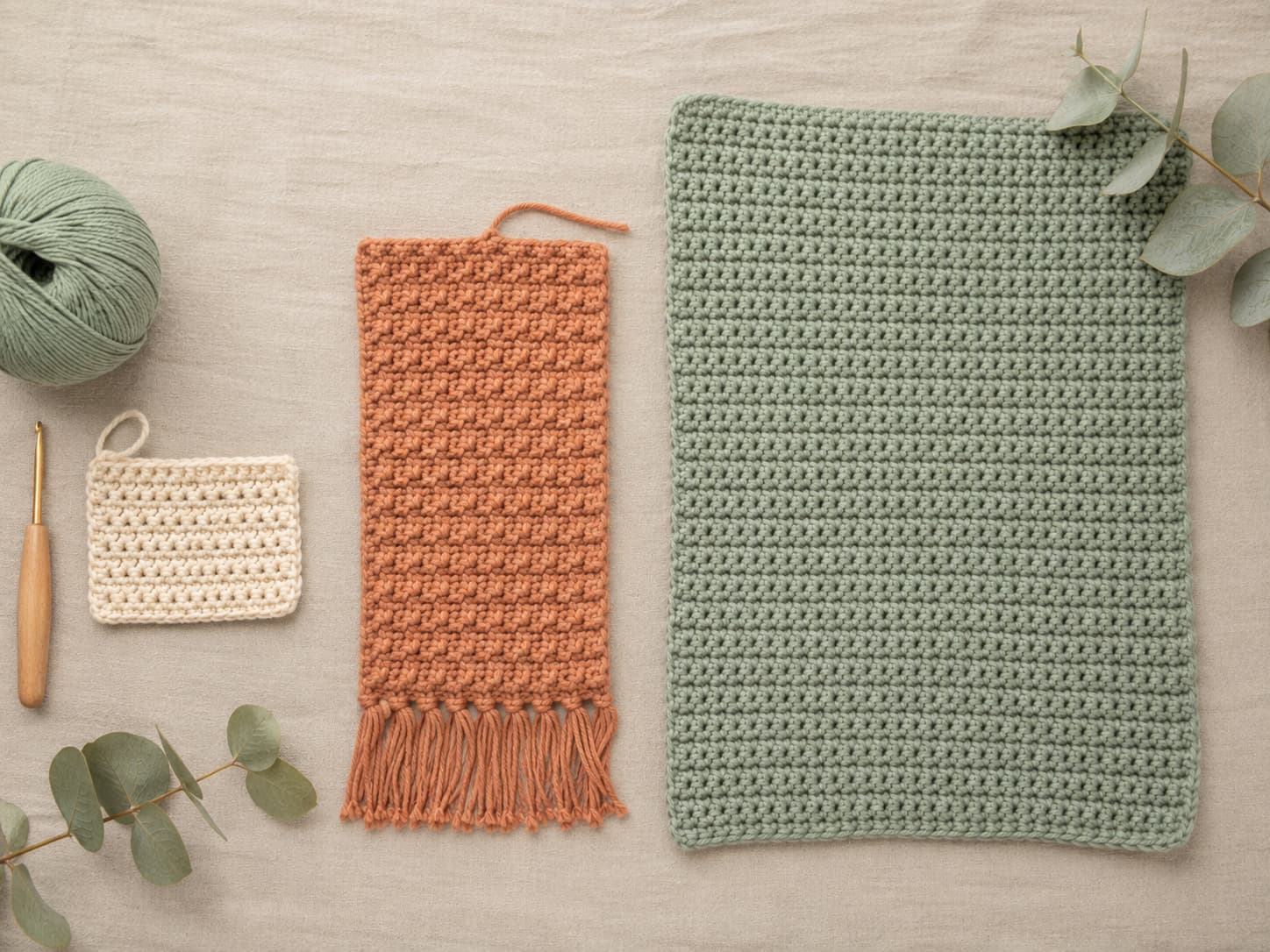 Beginner crochet project comparison showing a small coaster, a flat scarf swatch, and a simple cushion panel arranged from quickest to longer commitment.