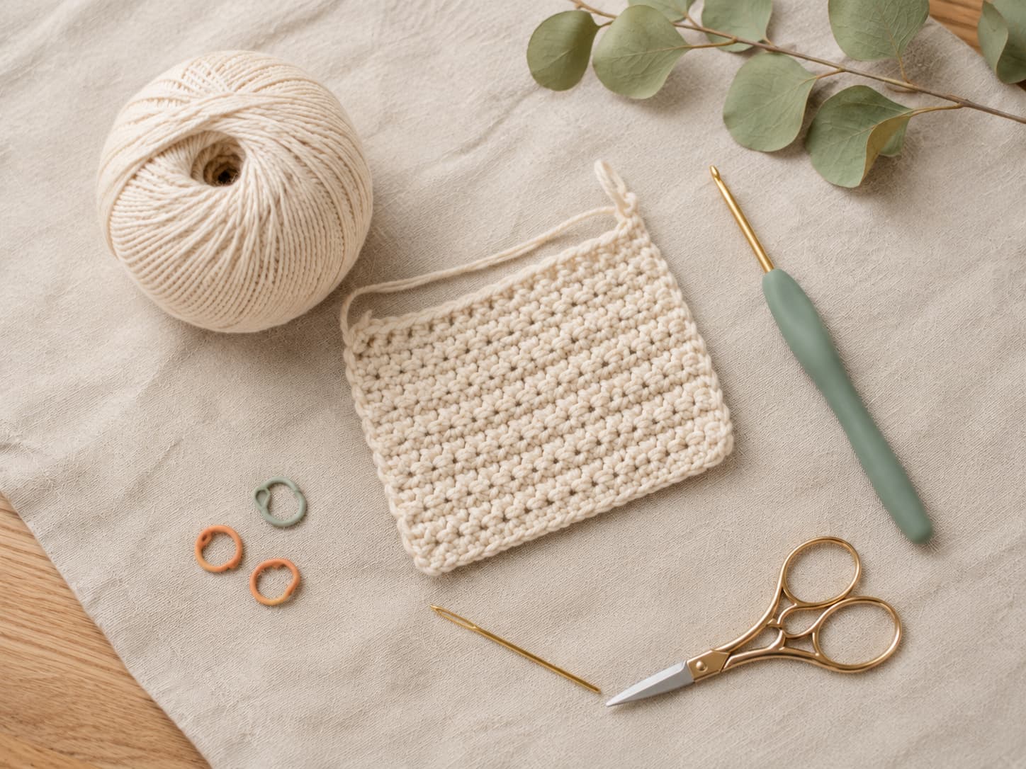 Calm beginner crochet starter setup with one ergonomic hook, smooth oatmeal yarn, muted eucalyptus stitch markers, tapestry needle, scissors, and a small finished practice piece.