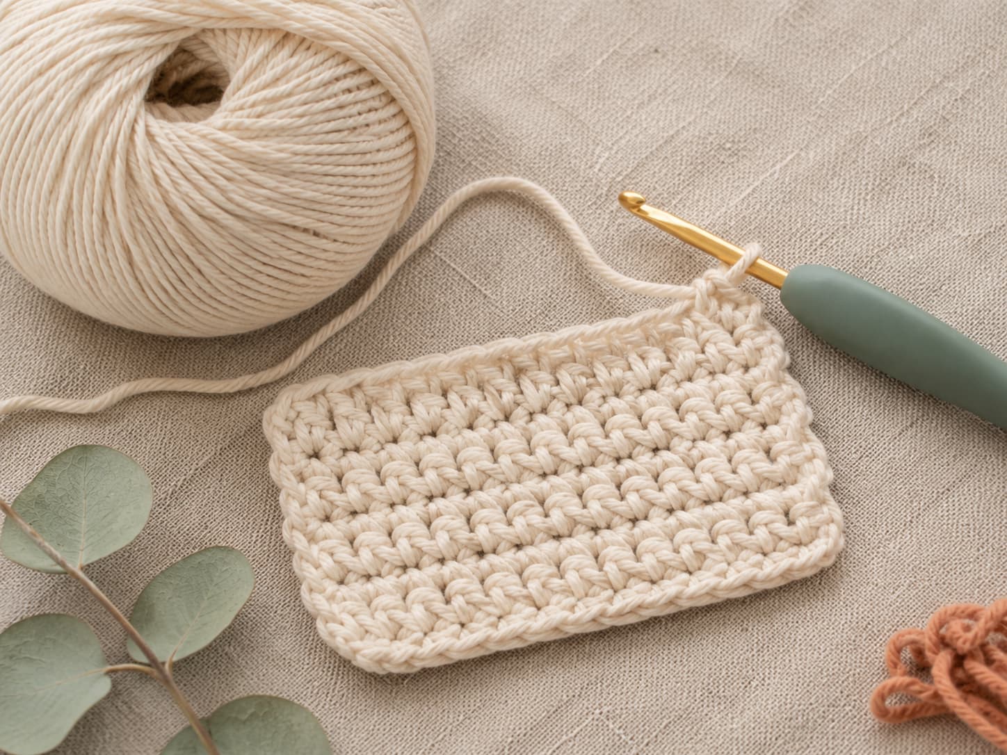 Close-up comparison of smooth light-colored beginner yarn with a matching ergonomic crochet hook and clearly visible crochet stitches on warm linen.