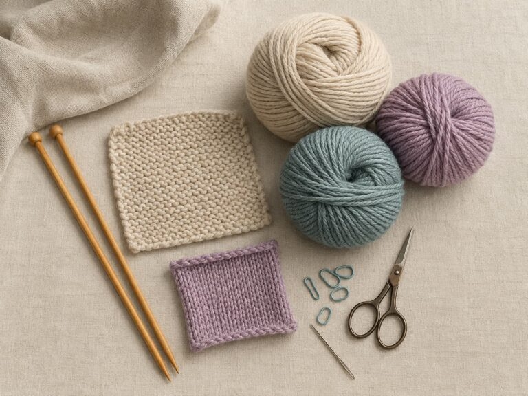 Beginner knitting kit essentials arranged on warm oatmeal linen with wooden knitting needles, smooth oatmeal, dusty lavender and muted teal yarn, stitch markers, scissors, a tapestry needle, and simple knitted practice swatches.