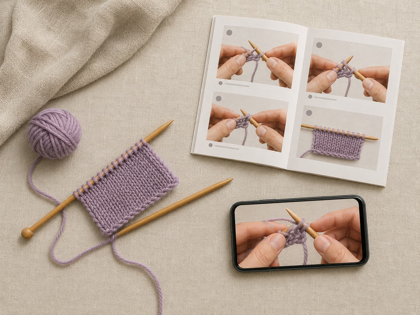 Beginner knitting learning setup with two wooden needles, a pale lavender practice swatch, an open step-by-step guide, and a phone showing a close knitting demonstration.