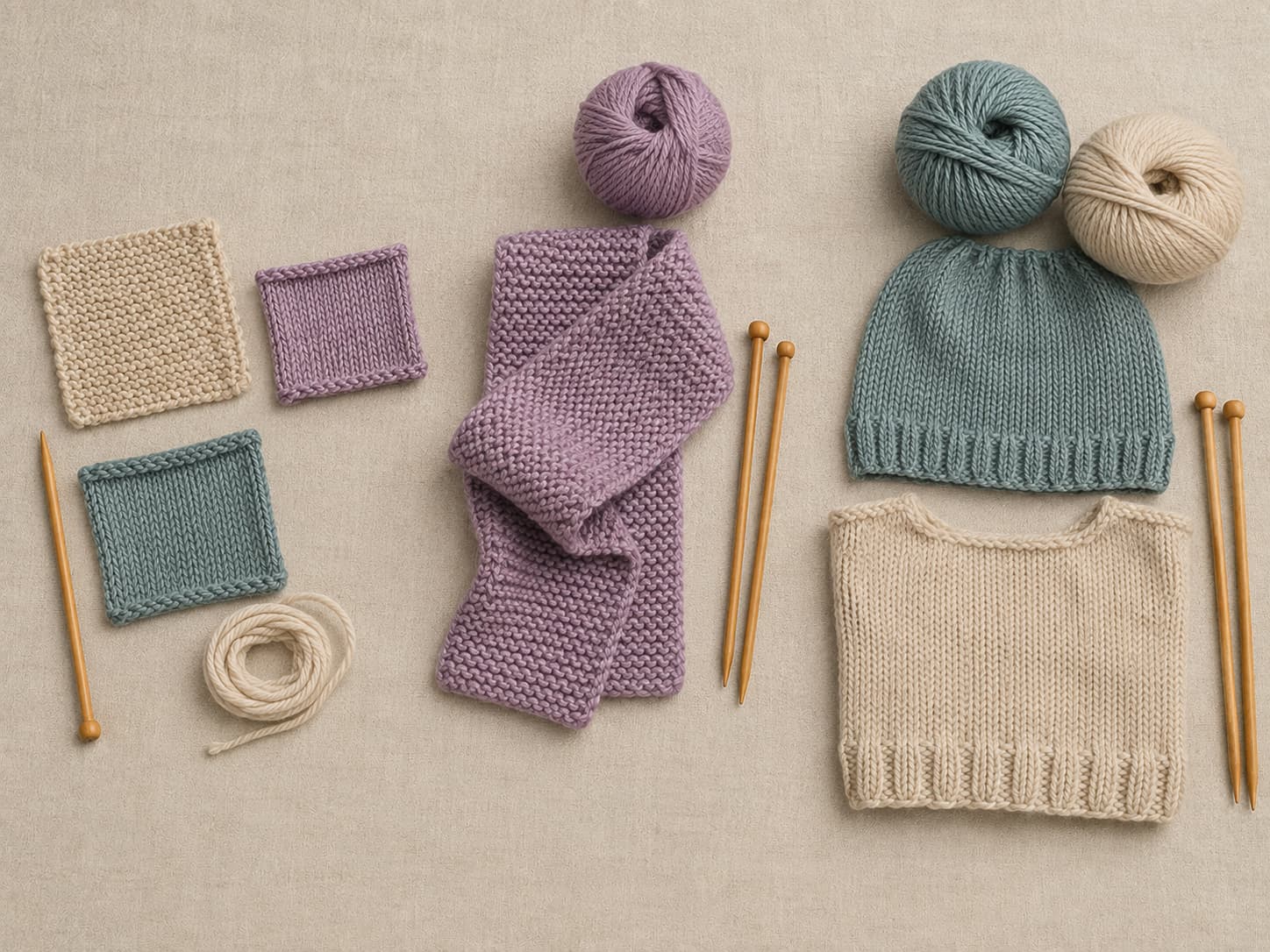 Three beginner knitting kit styles compared on warm linen: stitch sampler squares, a simple scarf with straight wooden needles, and a flat-knit beanie or sweater swatch with no branded packaging.