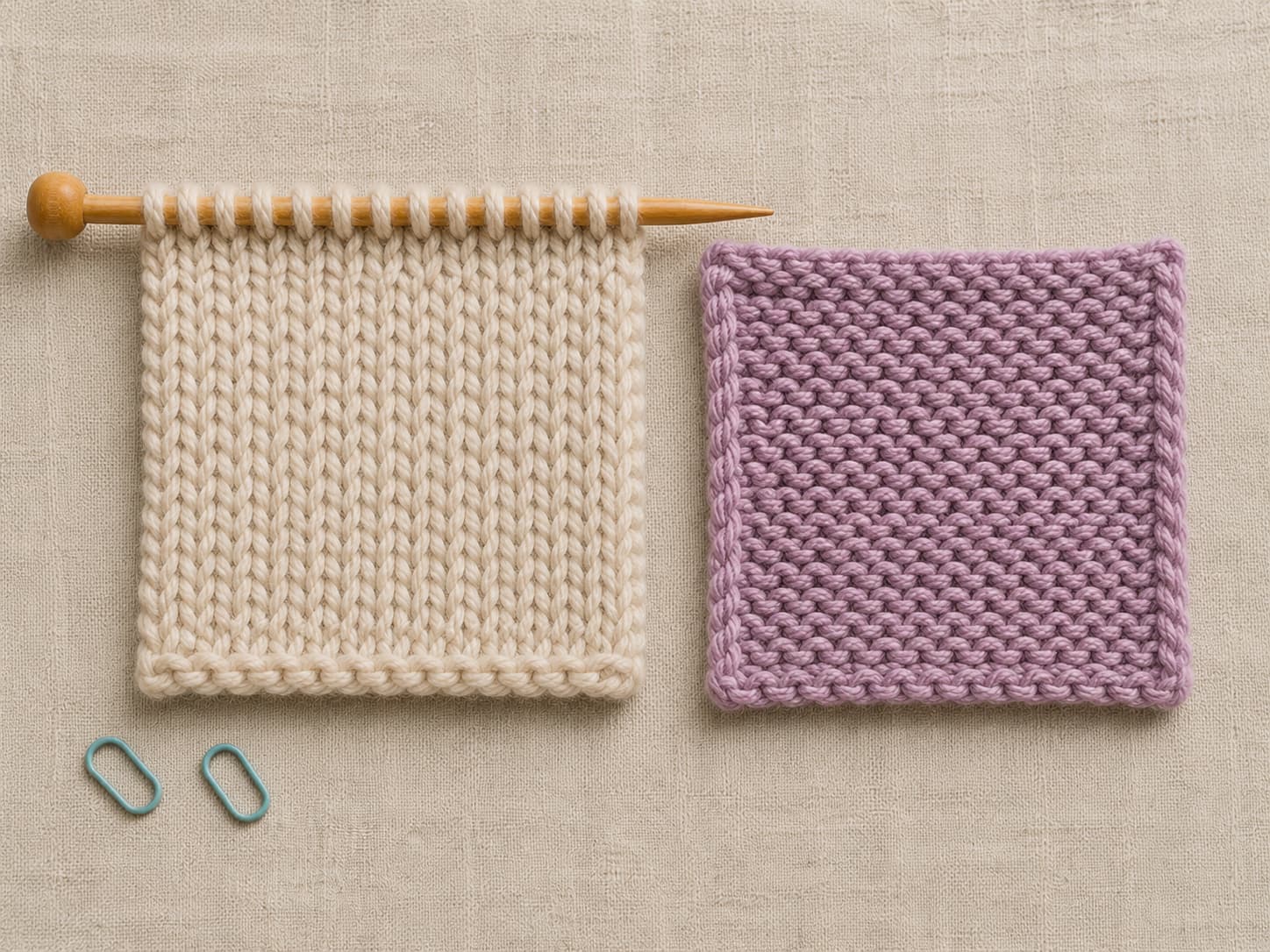 Close-up of pale oatmeal knitting showing clearly visible knit stitches on wooden needles beside a small dusty lavender purl sample for beginner stitch recognition.