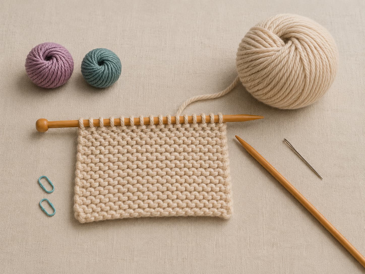 Wooden knitting needles matched with smooth oatmeal and dusty lavender yarn, stitch markers, tapestry needle, scissors, and a small beginner garter stitch swatch on warm linen.