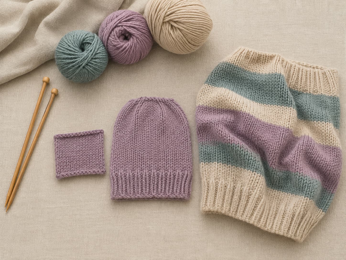 Beginner knitting project scale comparison showing a small swatch, a flat-knit beanie panel, and a larger striped sweater section from shortest to longer commitment.