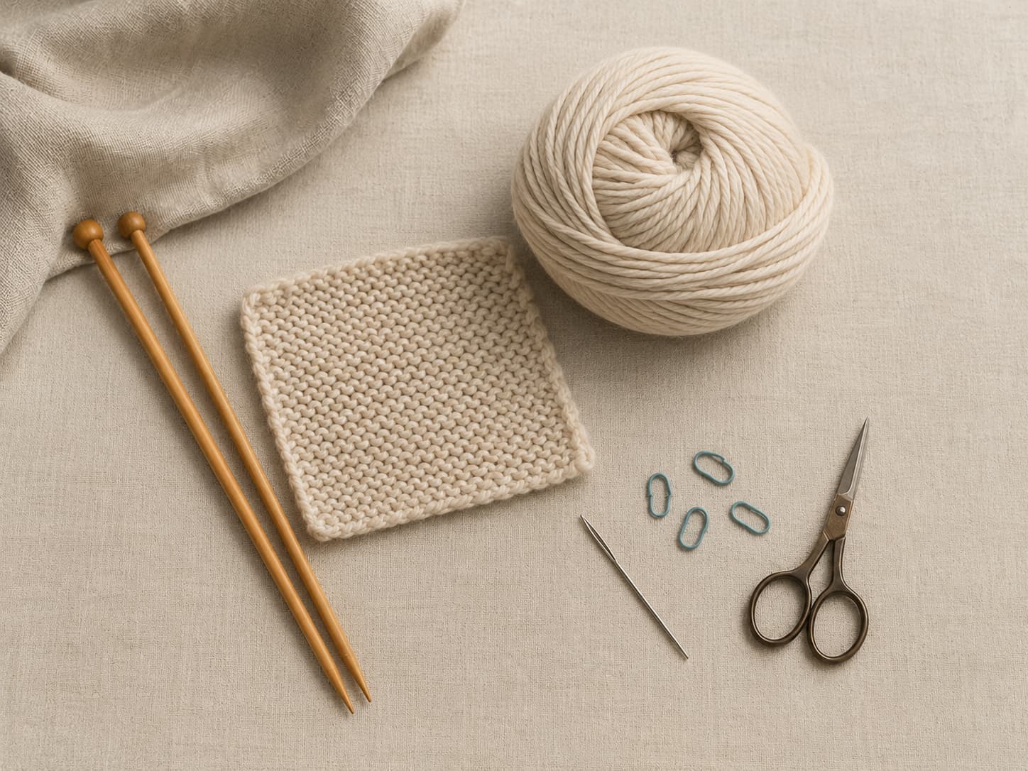 Calm beginner knitting starter setup with one pair of wooden needles, smooth oatmeal yarn, muted teal stitch markers, tapestry needle, scissors, and a small finished garter stitch swatch.