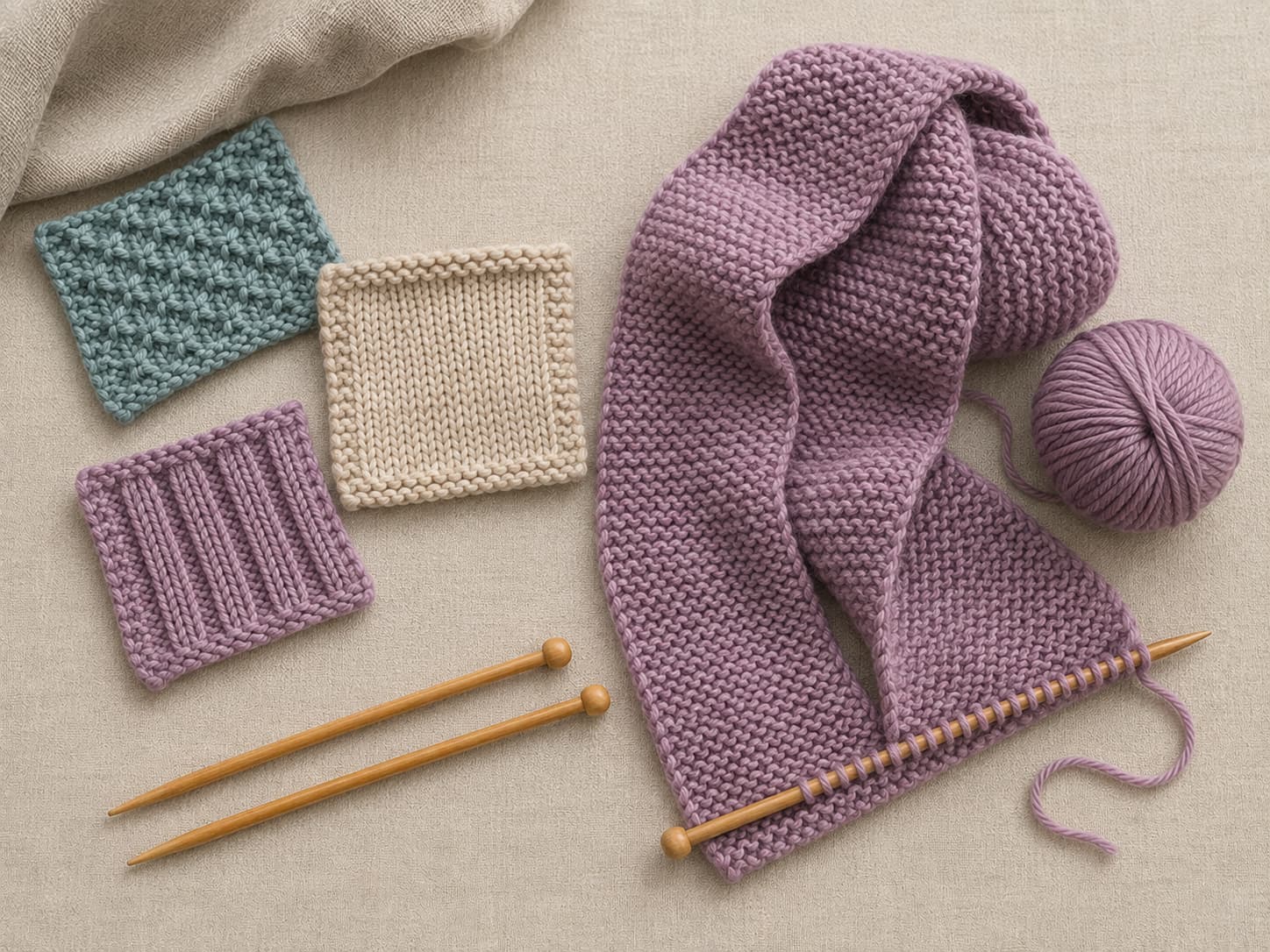 Two beginner knitting learning styles compared on warm linen: small stitch sampler squares beside a simple garter stitch scarf in muted teal and oatmeal yarn.