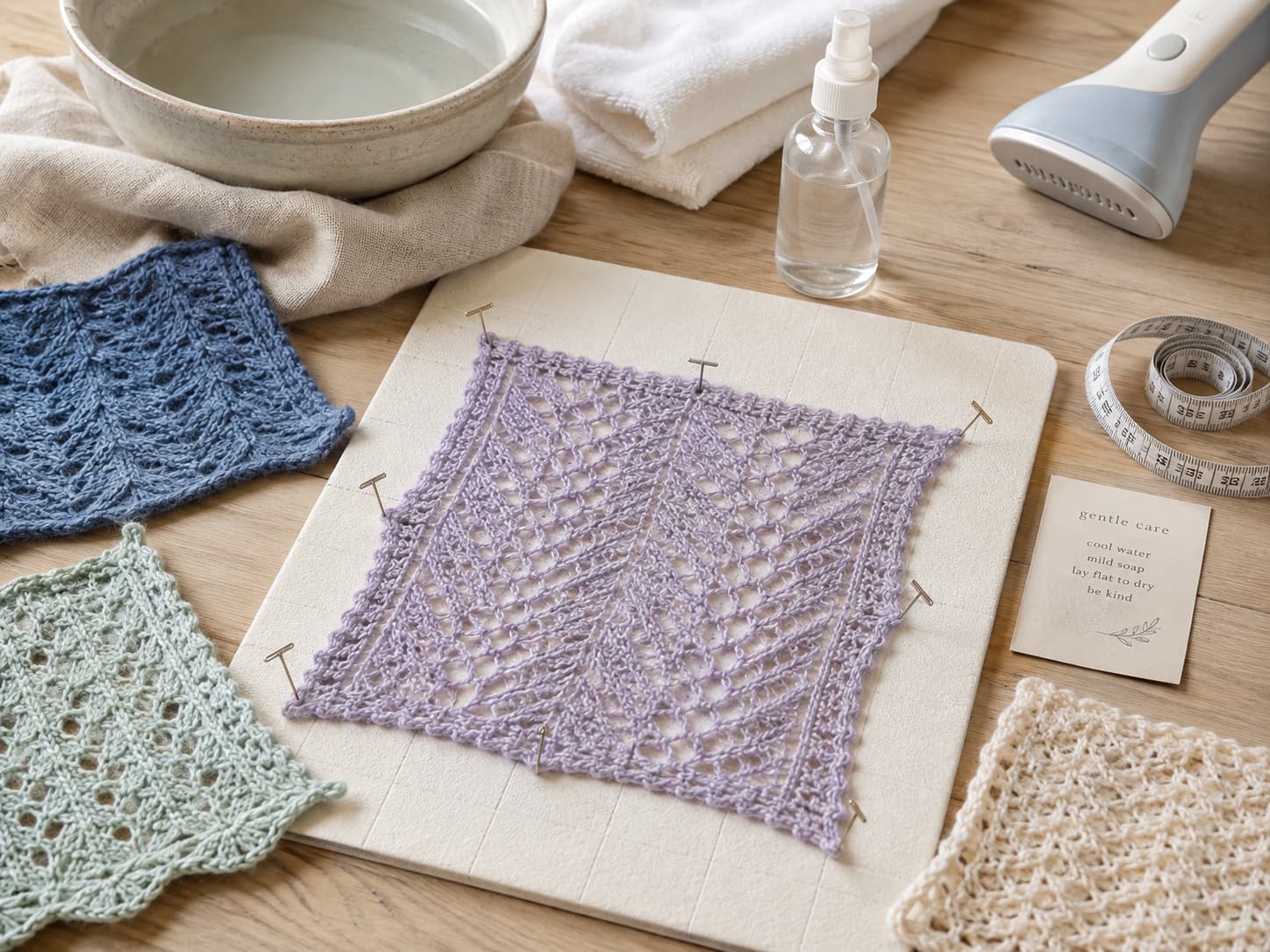 Blocked knitting and crochet swatches in mineral blue, heather lilac, soft oatmeal, and eucalyptus beside blocking mats, rust-resistant pins, a spray bottle, and a garment steamer on a light oak table.