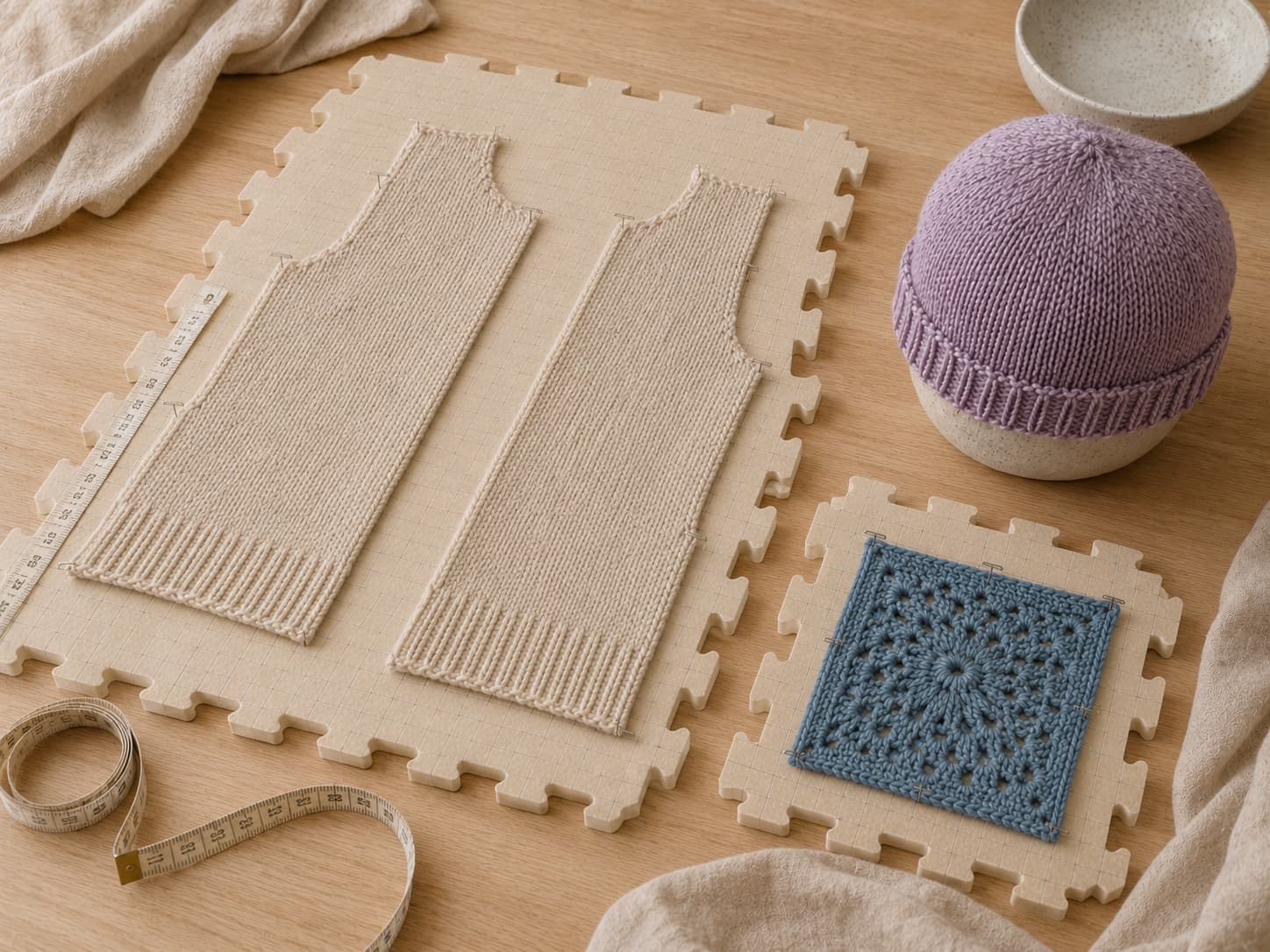 Oatmeal sweater panels, a mineral-blue granny square, and a heather-lilac hat being shaped with measurements and evenly spaced pins.