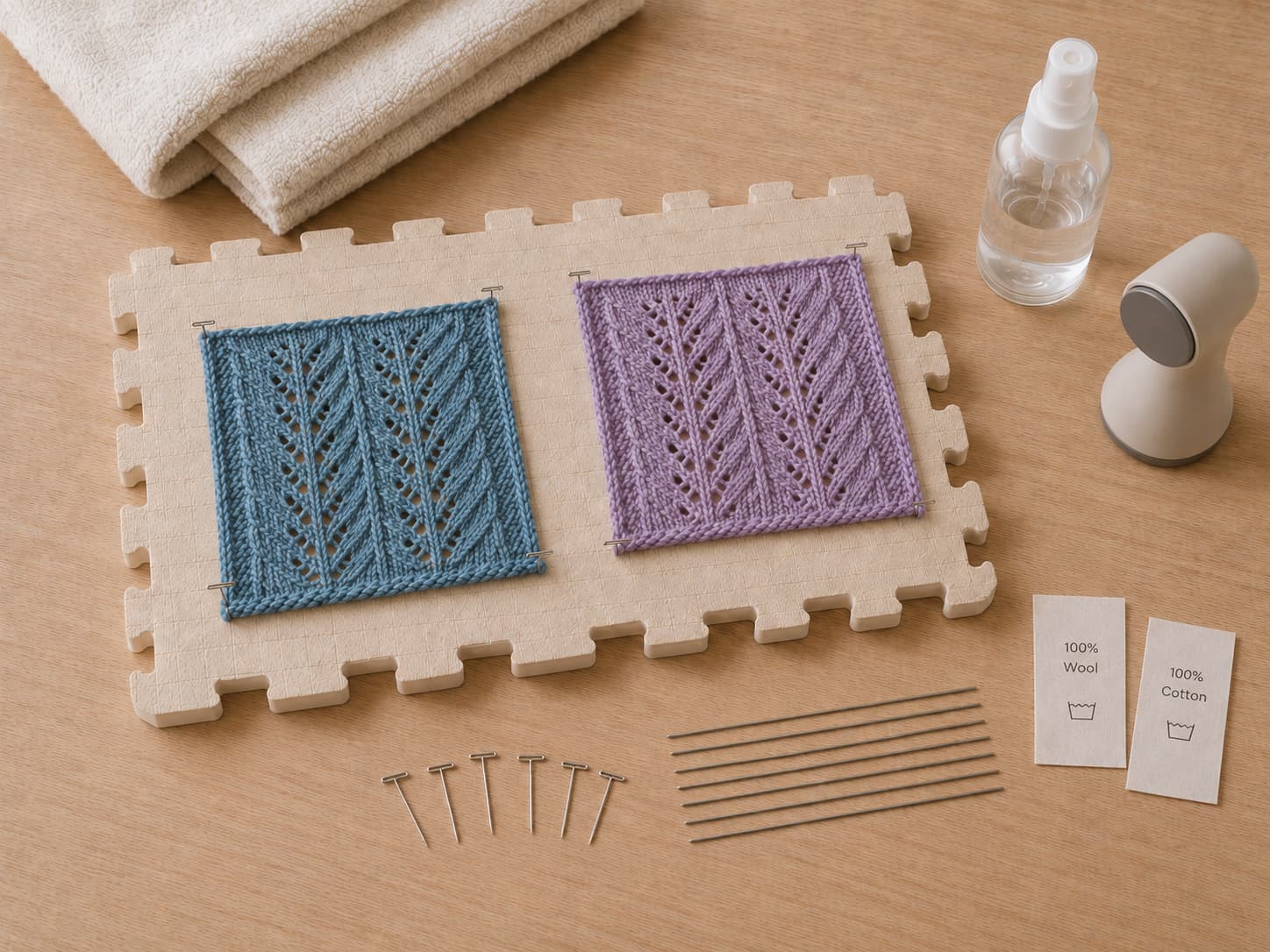 Interlocking blocking mats, rust-resistant pins, blocking wires, tape measure, towels, spray bottle, steamer, and yarn care labels arranged beside mineral-blue and heather-lilac swatches.