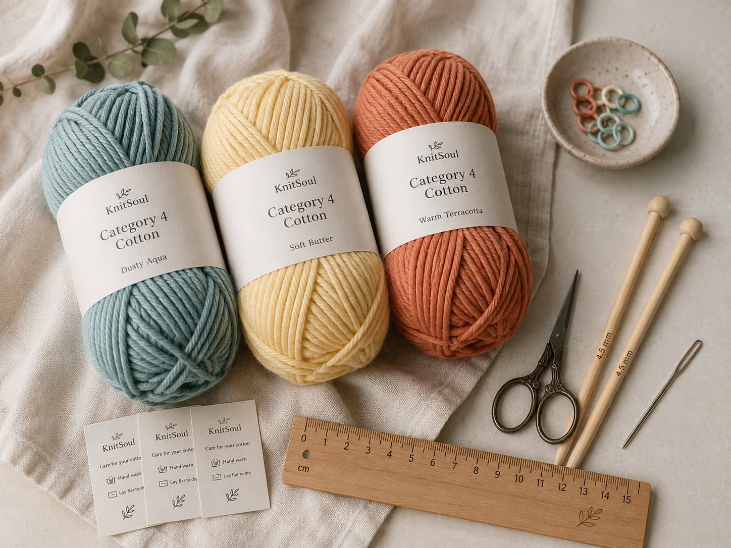 Category 4 cotton yarn in dusty aqua, soft butter, and warm terracotta beside 4.5 mm knitting needles, scissors, tapestry needle, stitch markers, ruler, and yarn care labels on warm ivory linen.