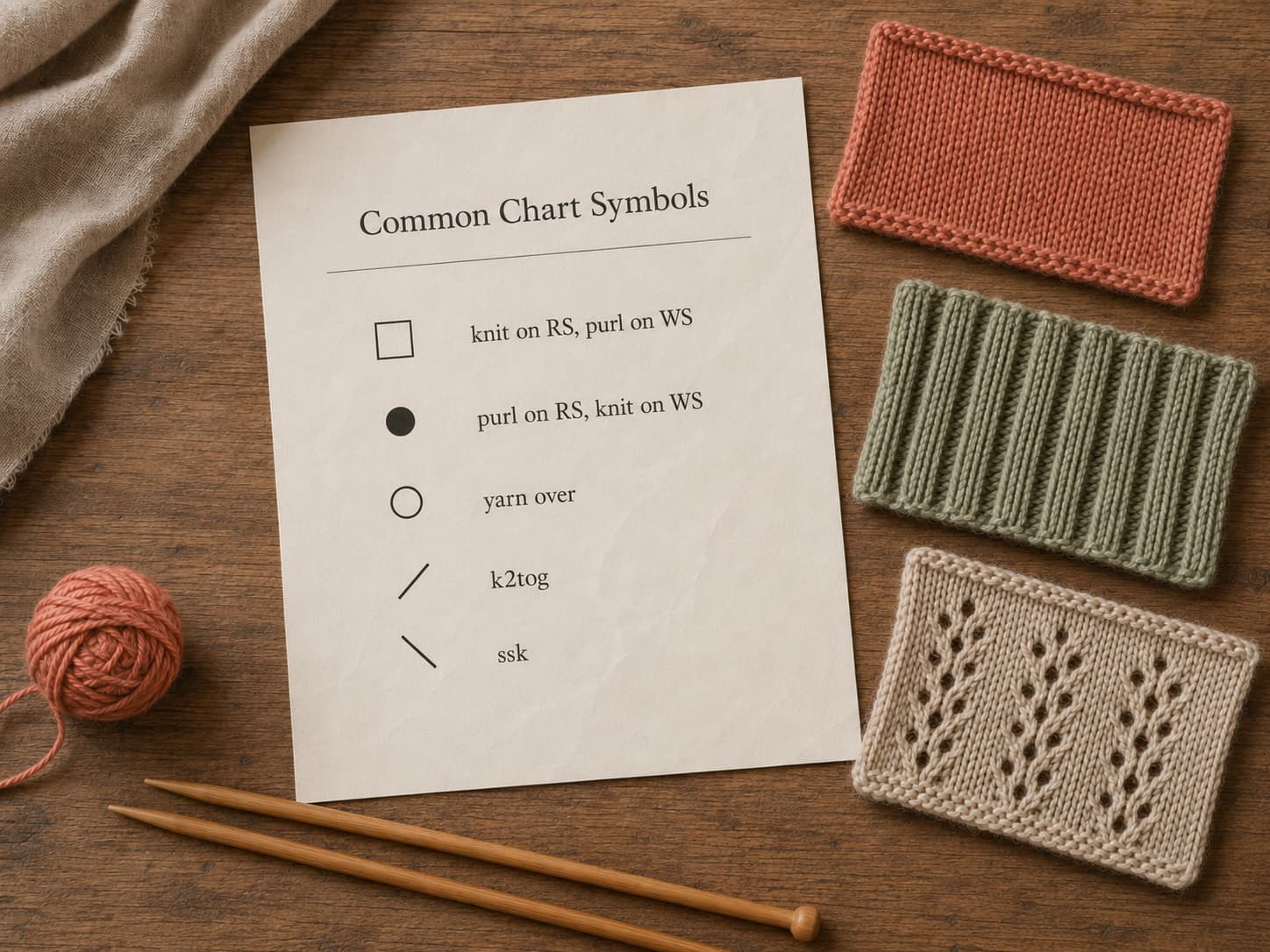Common knitting chart symbols reference showing knit, purl, yarn over, k2tog, and ssk beside warm-coral, muted-sage, and oatmeal swatches.