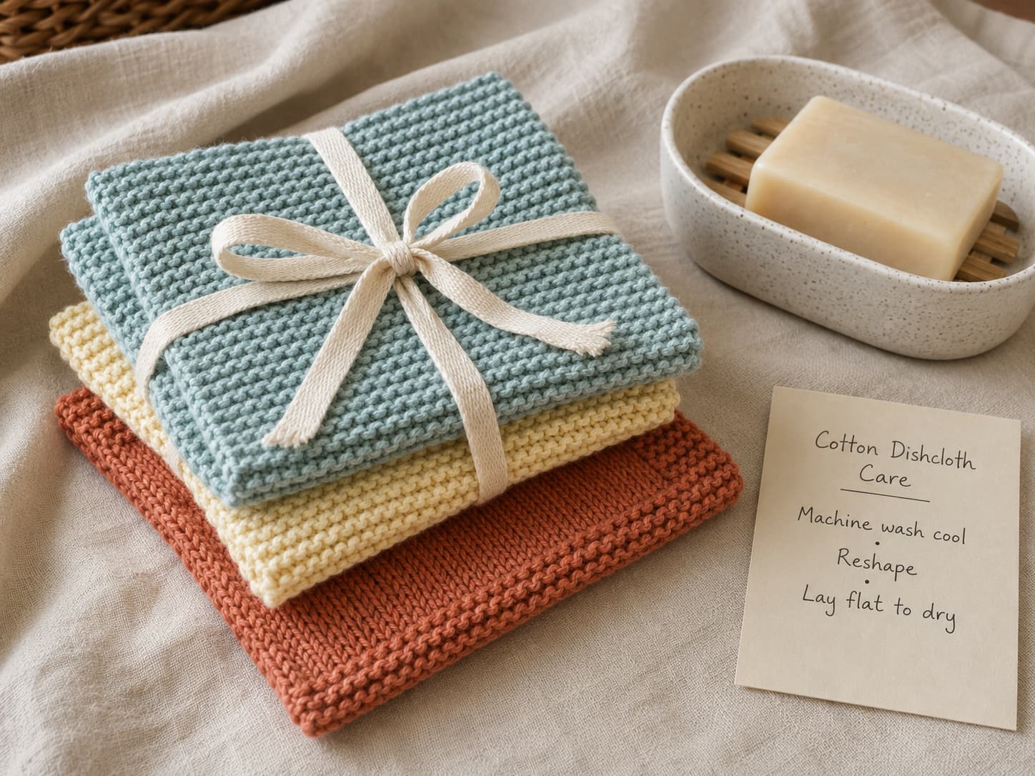 Finished dusty-aqua, soft-butter, and warm-terracotta knit dishcloths stacked with cotton ribbon, a ceramic soap dish, and a handwritten care card.