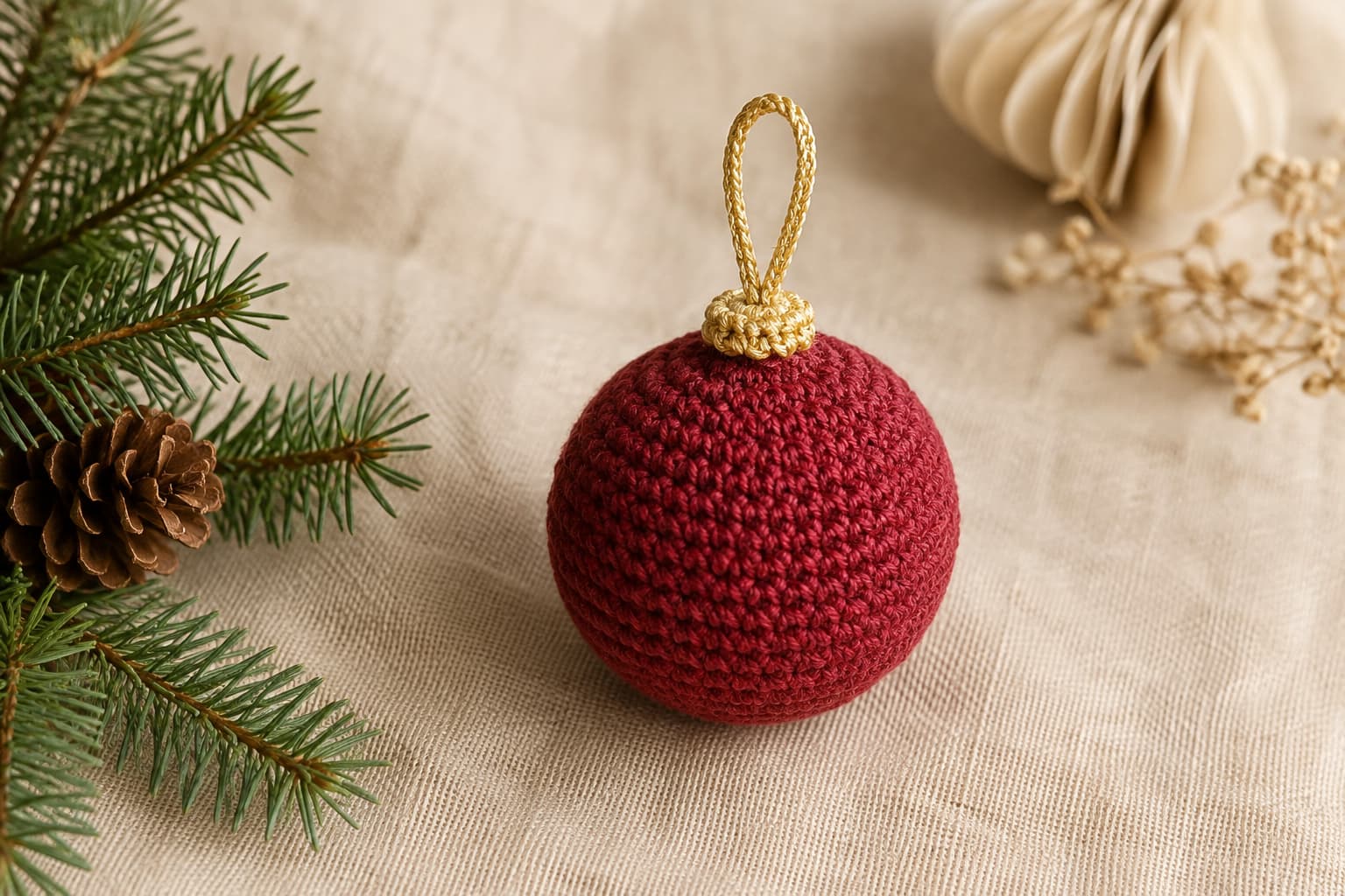 Small cranberry-red crochet ball ornament with tight single crochet stitches, even round shaping, light stuffing, and a simple hanging loop on warm ivory linen.