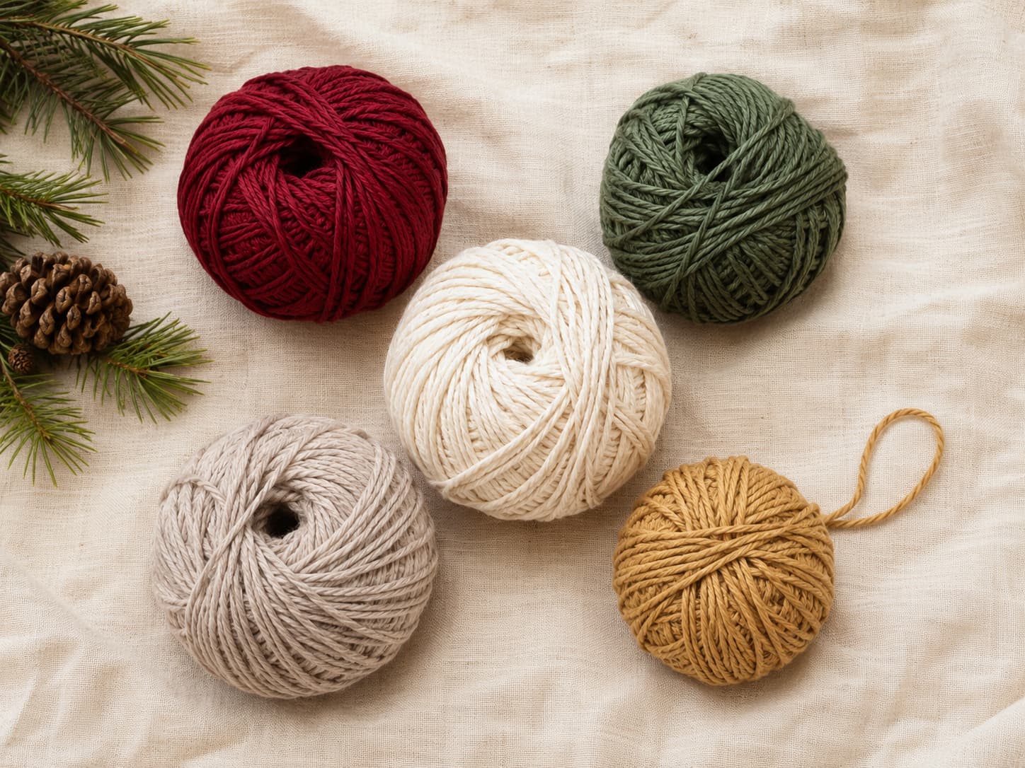 Coordinated crochet Christmas ornament palette with cranberry red, soft evergreen, warm ivory, oatmeal, and muted-gold yarn arranged on natural linen.