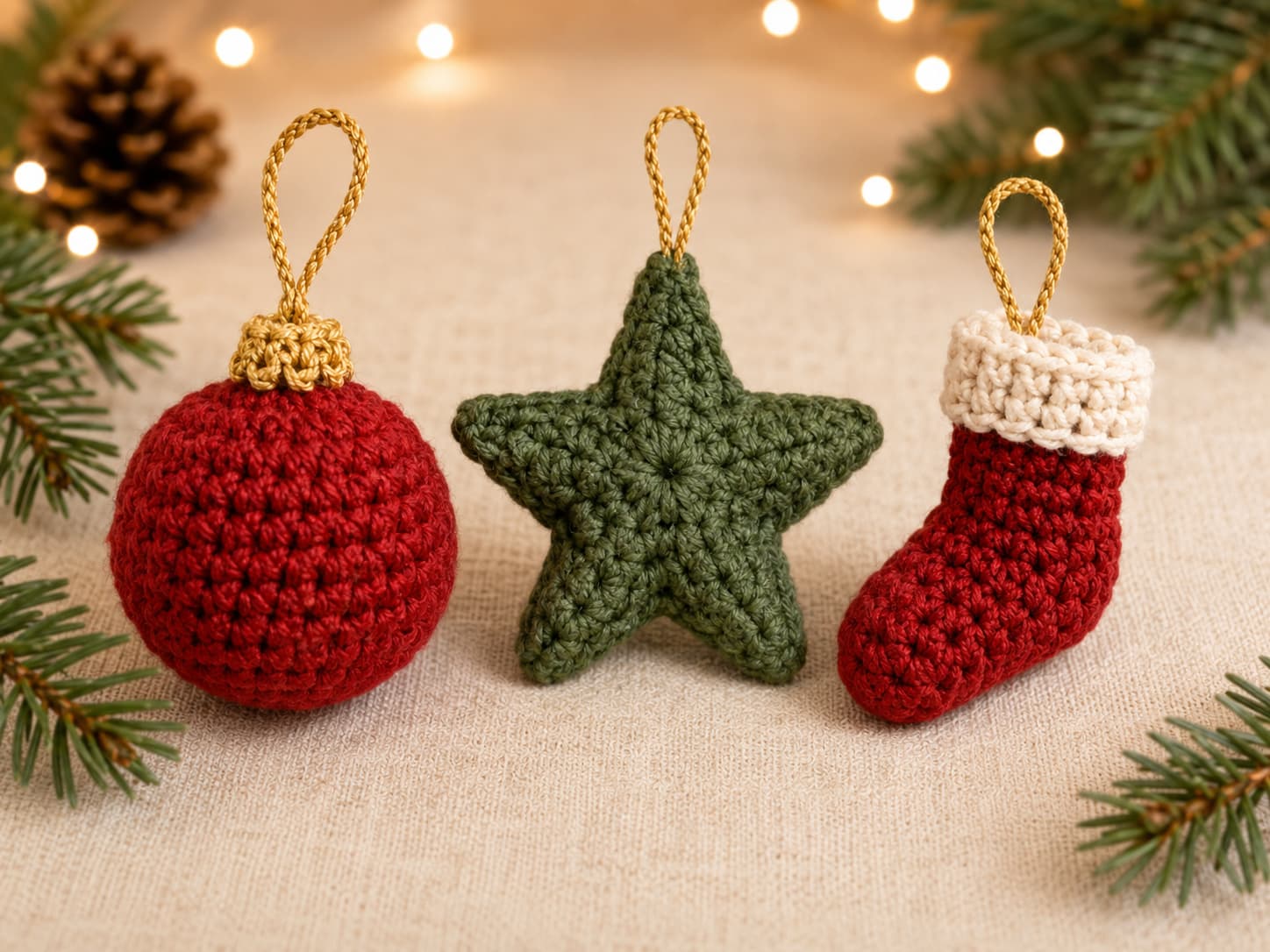 Three beginner crochet Christmas ornaments—a cranberry ball, soft-evergreen star, and warm-ivory stocking—arranged together on natural linen.