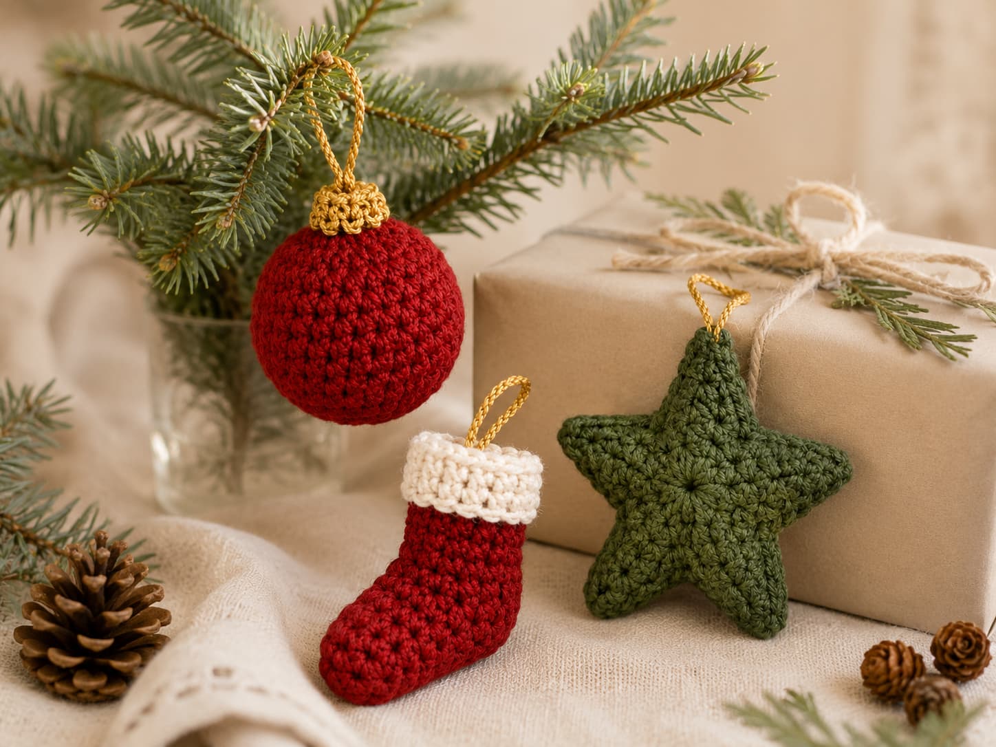 Finished cranberry, evergreen, and warm-ivory crochet Christmas ornaments displayed on a small evergreen branch and a simply wrapped holiday gift.