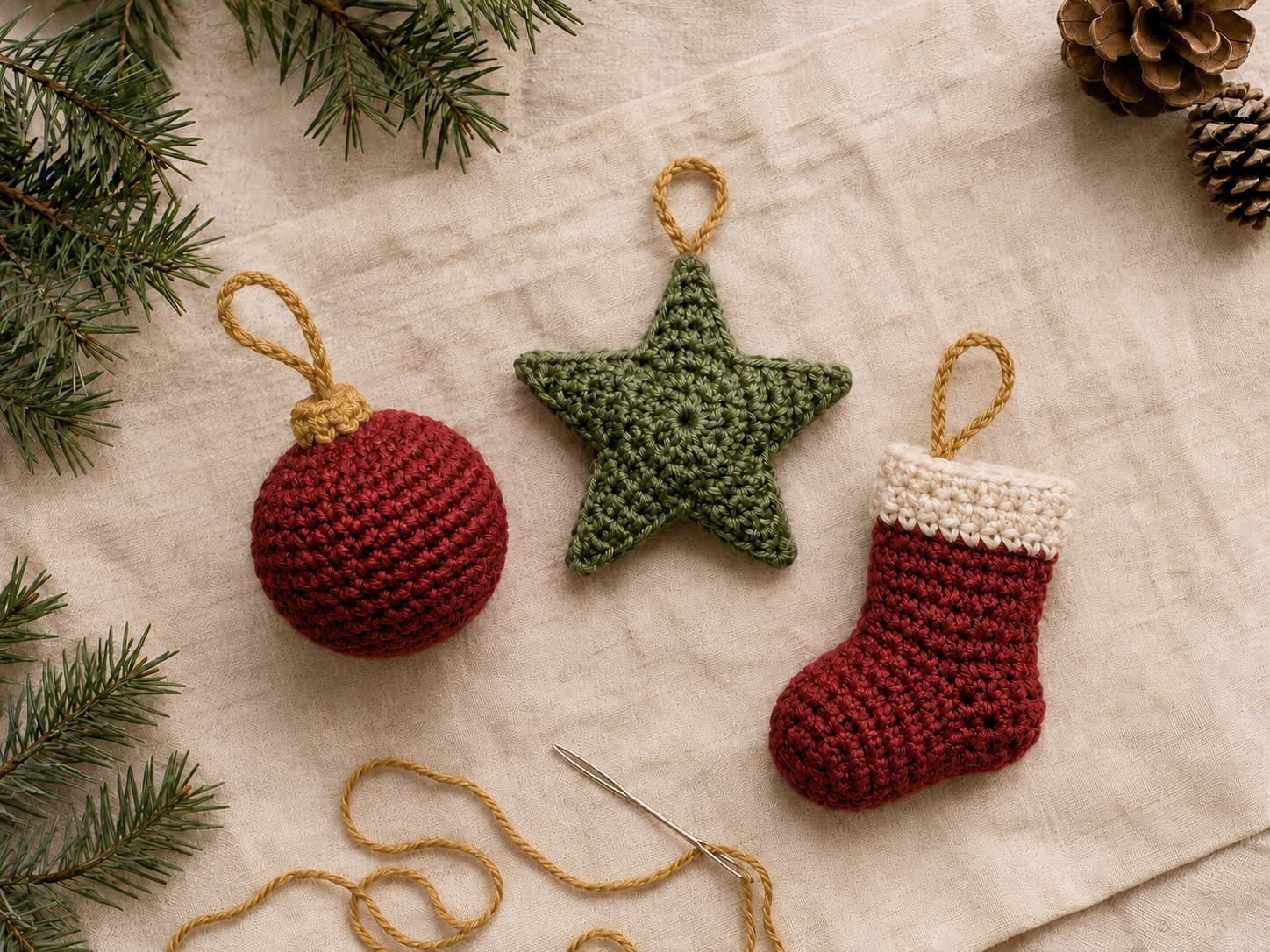 Cranberry ball, evergreen star, and warm-ivory stocking crochet ornaments with secure hanging loops, tapestry needle, and finishing yarn on natural linen.
