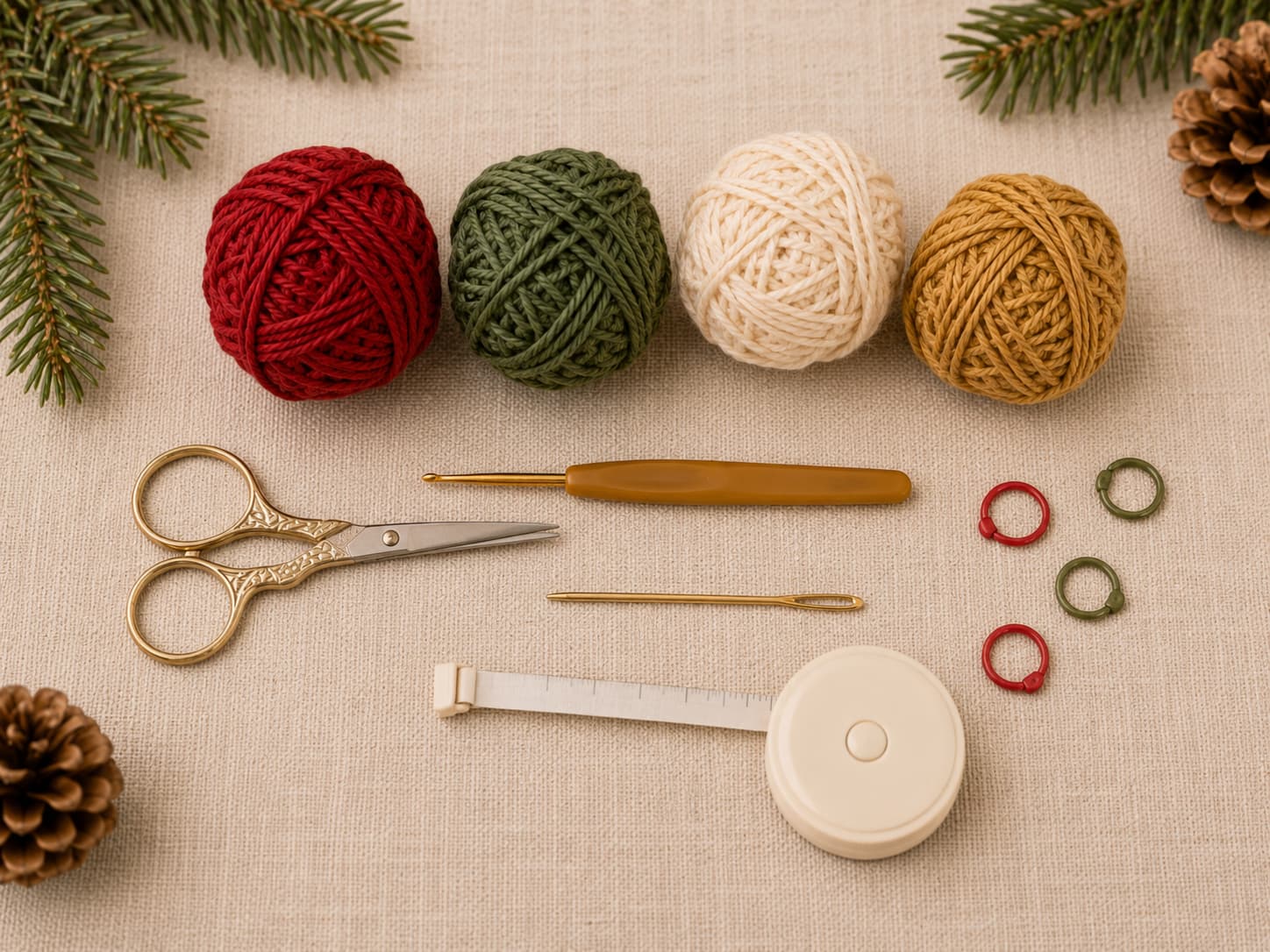 Cranberry, soft-evergreen, warm-ivory, muted-gold, and oatmeal yarn with a crochet hook, scissors, tapestry needle, stitch marker, stuffing, and hanging-loop materials on natural linen.
