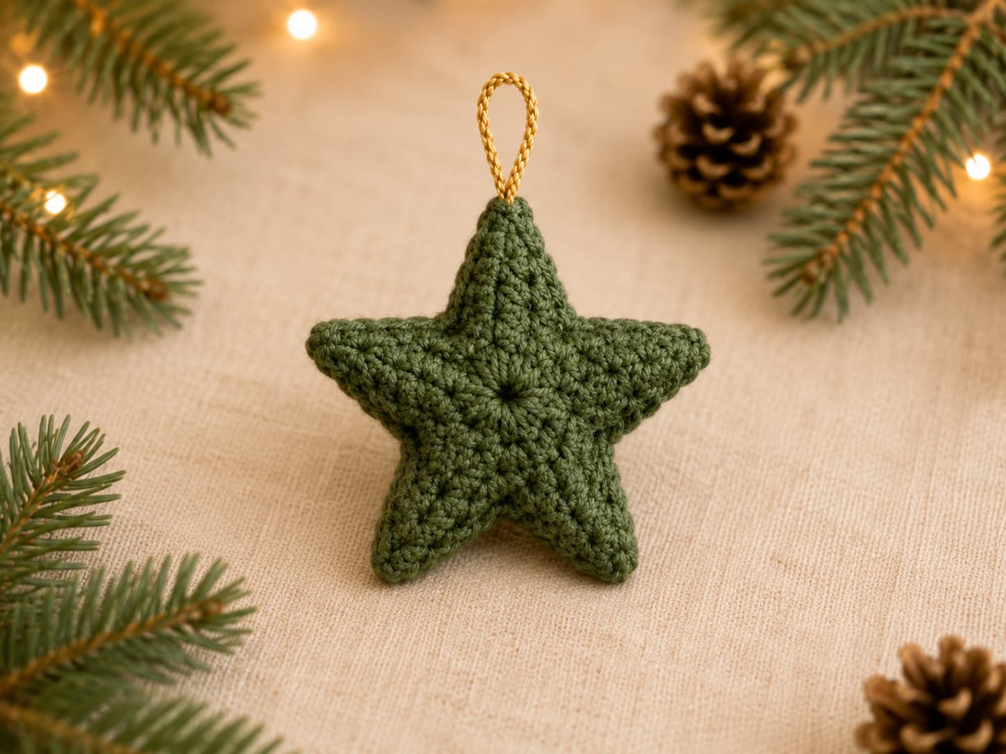 Soft-evergreen crochet Christmas star with five clearly shaped points, a compact center, and a small hanging loop on warm ivory linen.