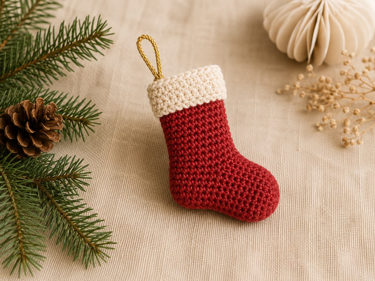 Warm-ivory crochet stocking ornament with a cranberry cuff, shaped heel and toe, neat side seam, and a small hanging loop on natural linen.