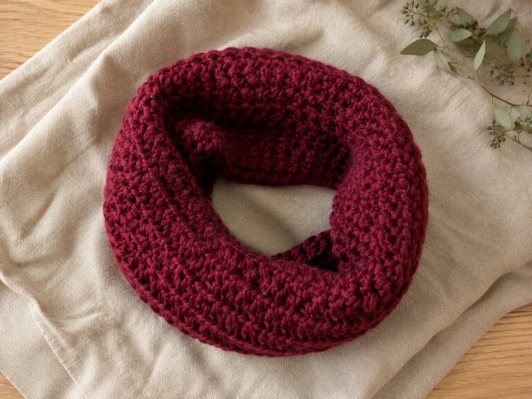 Finished deep cranberry crochet chunky cowl in bulky yarn arranged naturally on warm oatmeal linen.