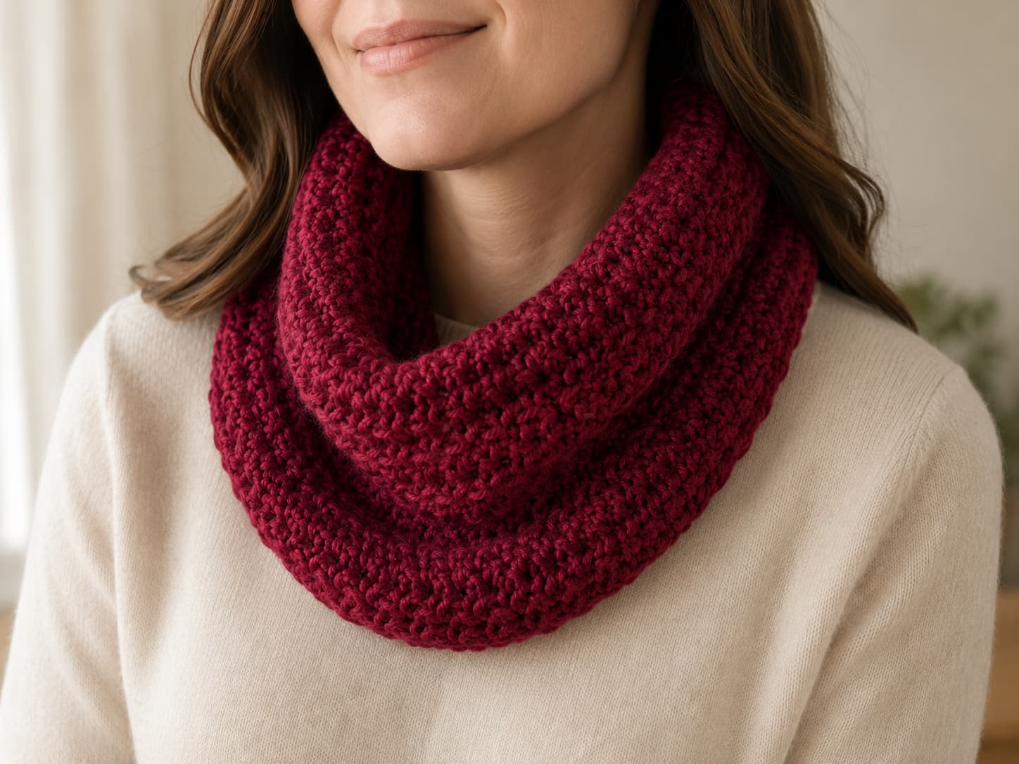 Finished deep cranberry crochet chunky cowl worn around the neck with soft half double crochet texture and a comfortable winter fit.