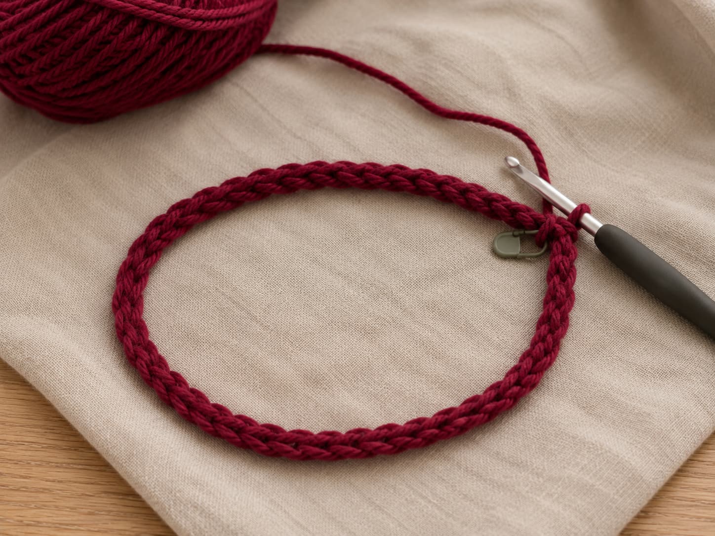 Deep cranberry foundation chain laid flat and joined into a circle without twisting, with a locking marker beside the slip stitch join.