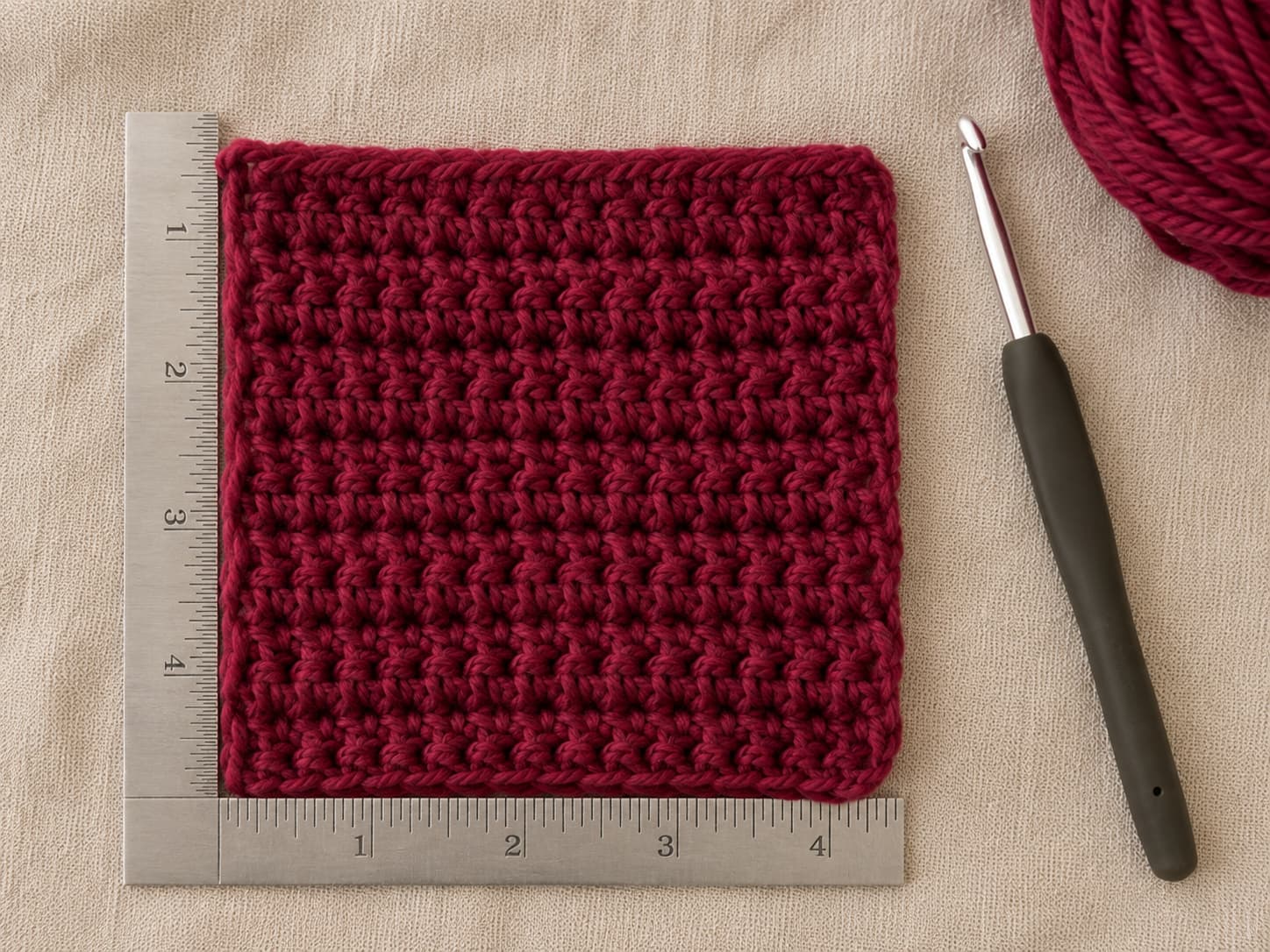 Half double crochet gauge swatch in deep cranberry bulky yarn measured to show 11 stitches and 9 rows over four inches.