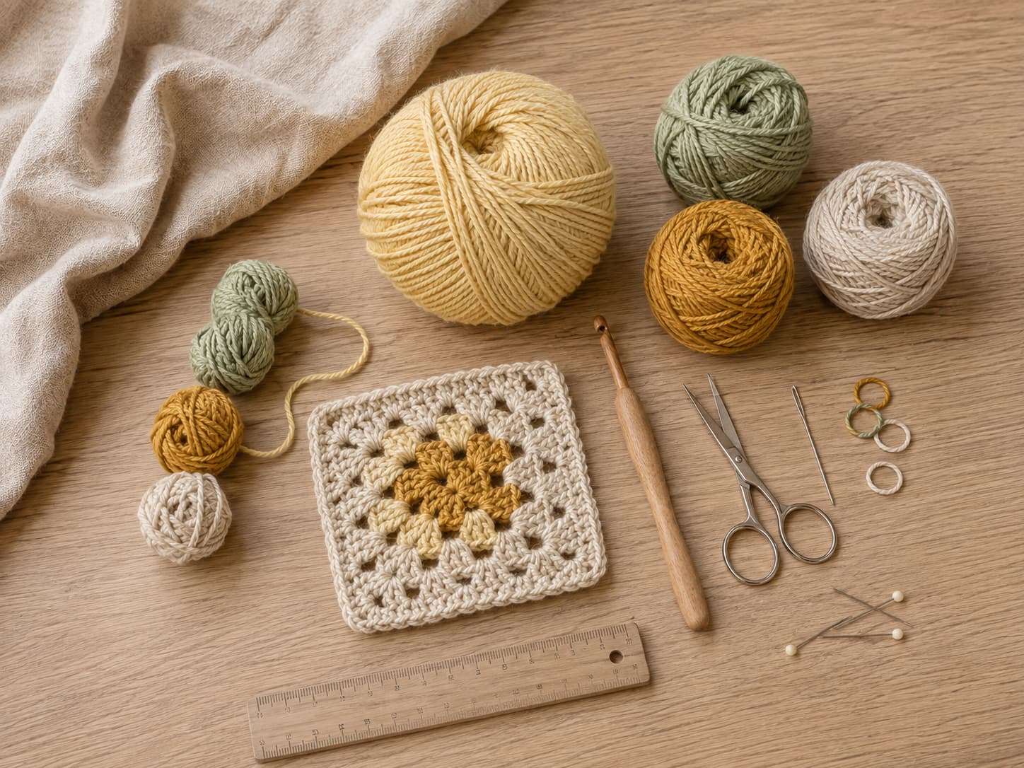 Medium-weight cotton yarn in warm coral, muted sage, golden ochre, and soft oatmeal beside a 4.5 mm crochet hook and coaster-making tools on natural linen.