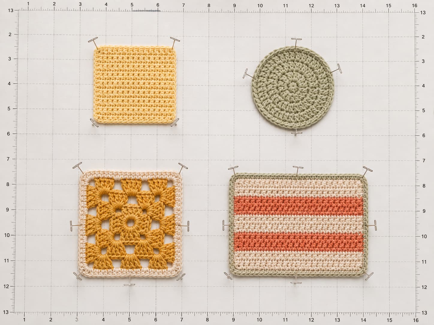 Four damp cotton crochet coasters in coral, sage, ochre, and oatmeal pinned gently to measured shapes on a blocking mat.