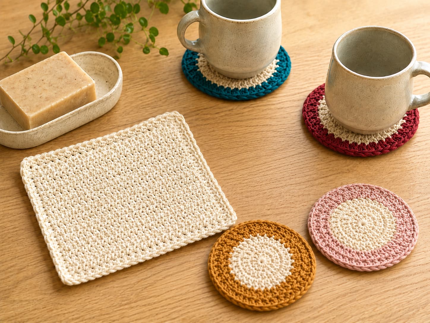 Warm-cream crochet dishcloth and cranberry-and-amber coaster set styled with a ceramic soap dish and simple mugs on a light oak table.
