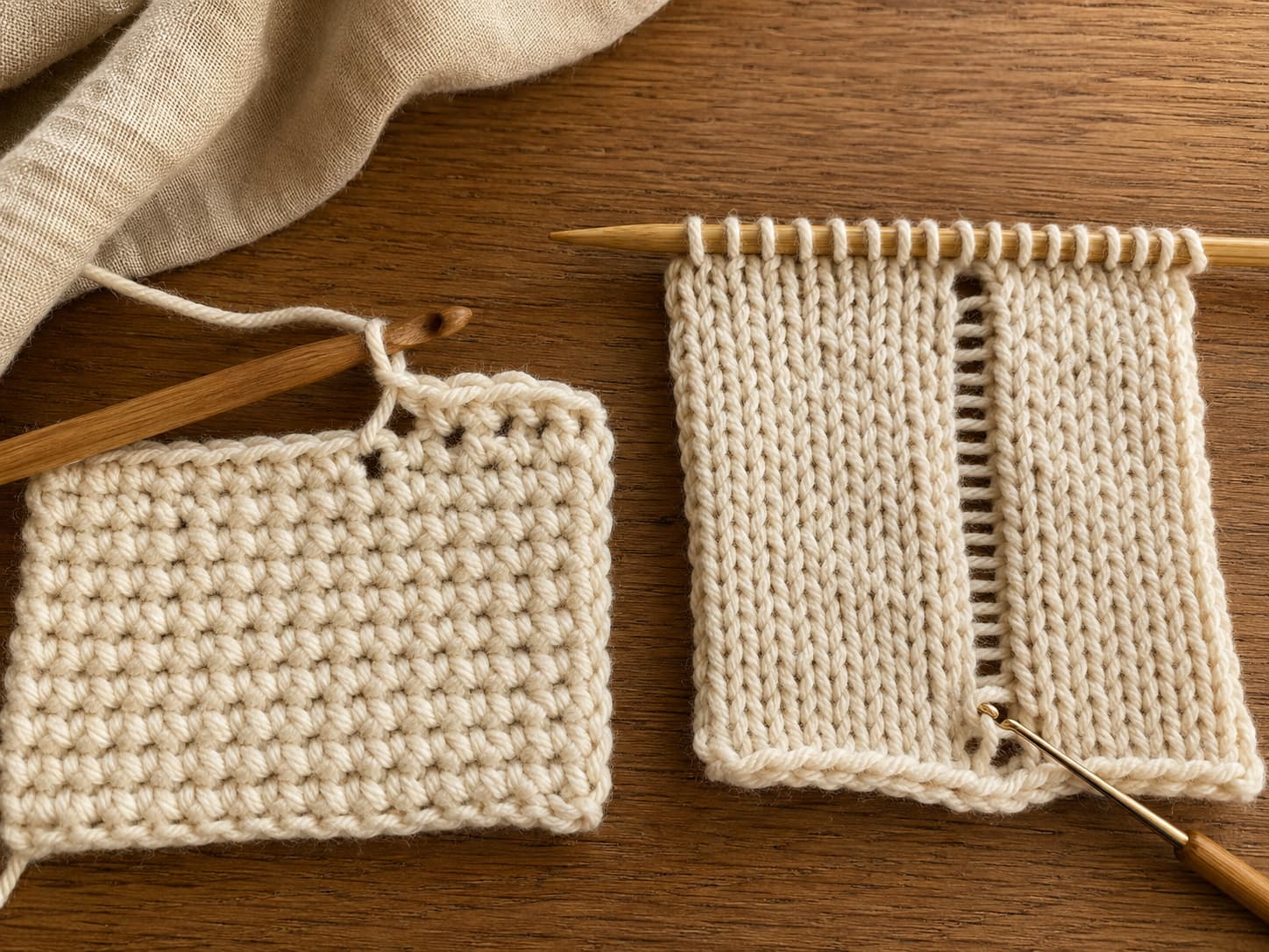 Crochet hook used to undo a few crochet stitches beside a second hook repairing a dropped knit stitch in a swatch.