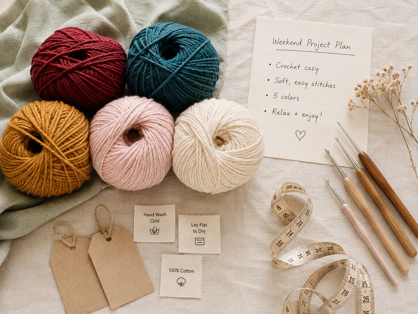Cranberry, peacock-teal, amber-gold, blush, and warm-cream yarn beside hooks, care labels, gift tags, a measuring tape, and a handwritten weekend project plan.