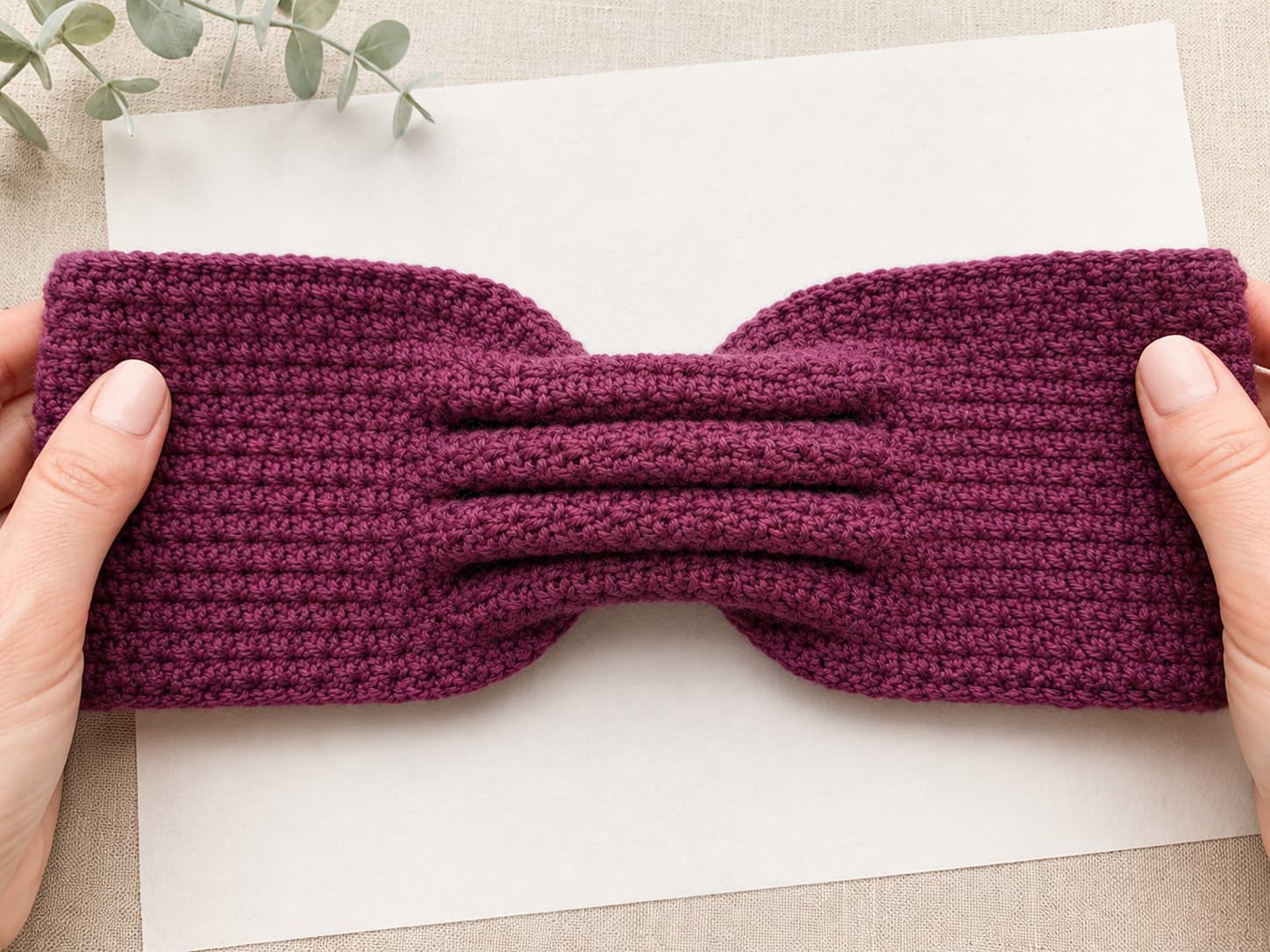 Two folded short ends of a plum-berry crochet rectangle interlocked in alternating four layers before seaming to form a twisted headband front.
