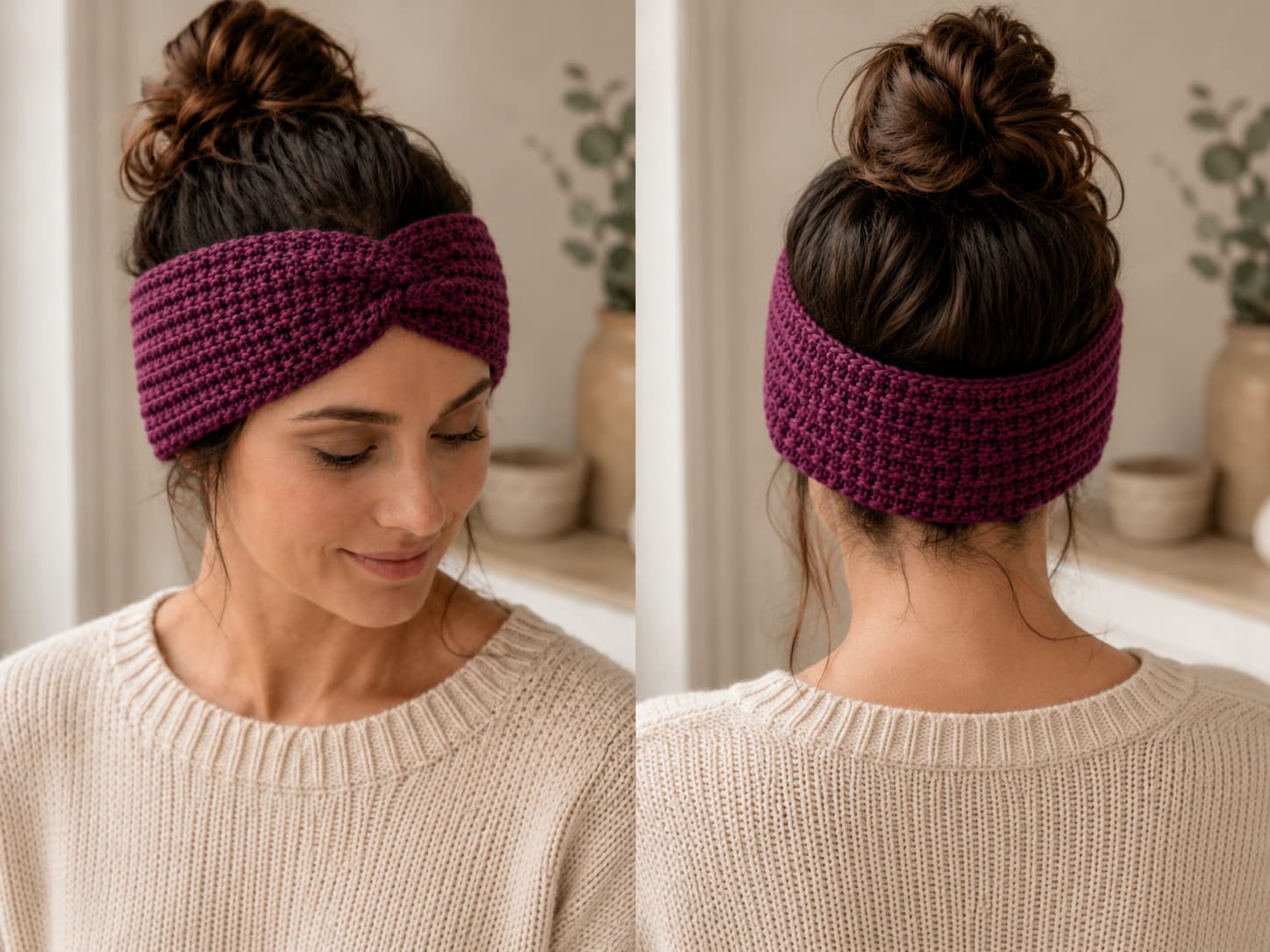 Soft plum-berry crochet headband shown from the front and back with the twist centred above the forehead and a smooth band around the head.