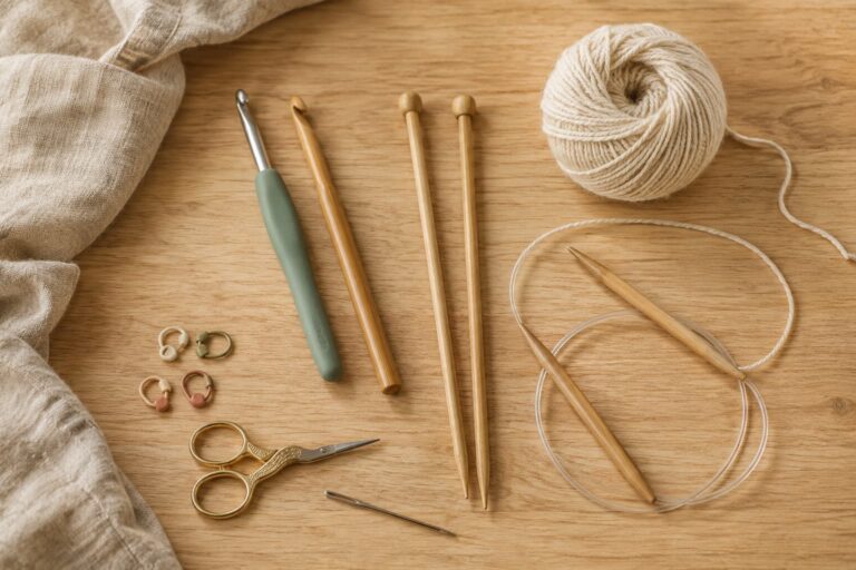 Crochet hooks, straight and circular knitting needles, cream yarn, scissors, a tapestry needle, and stitch markers arranged on a warm wooden surface.