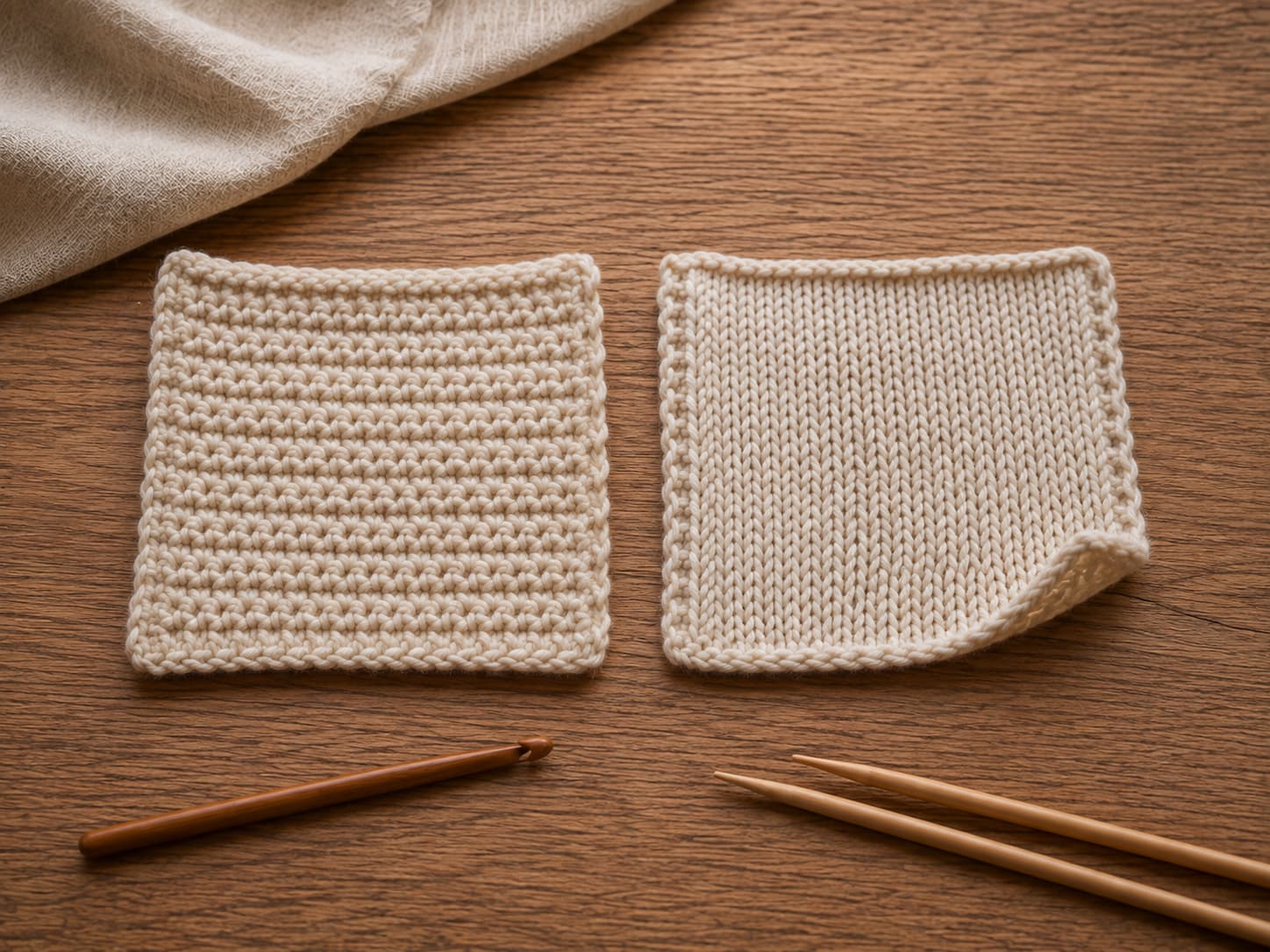 Equal-size crochet and knitting swatches laid flat to compare texture, thickness, stretch, and drape.