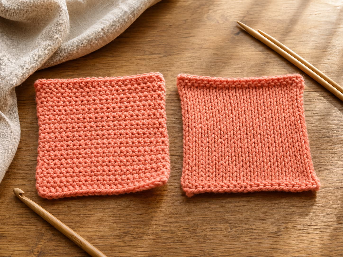 Two washed warm-coral crochet and knitting swatches of equal purpose and similar size resting on a digital scale with their remaining yarn and labels nearby.