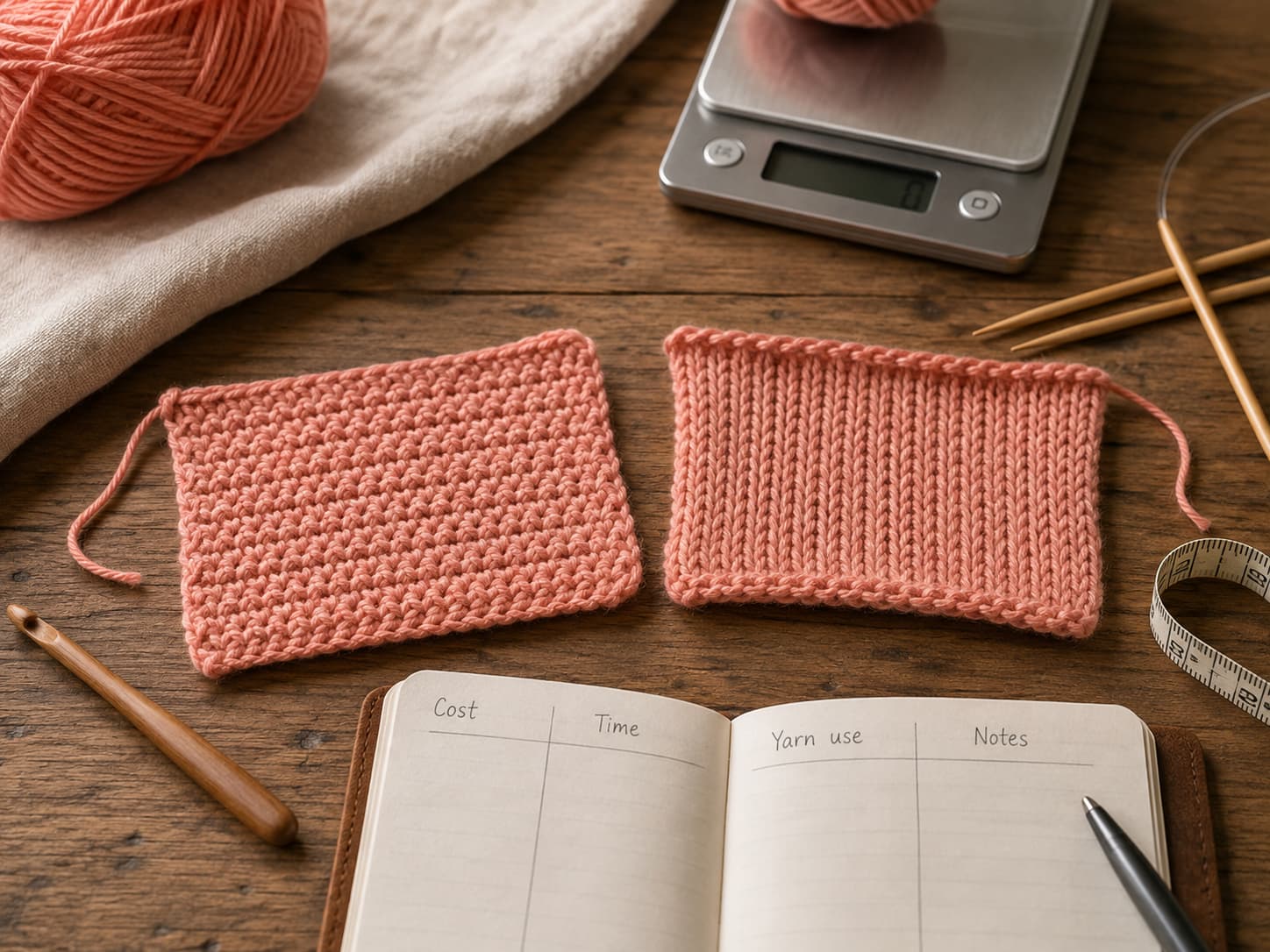 A completed crochet-versus-knitting worksheet with columns for tools, yarn, washed size, weight, active time, corrections, finishing, and notes, shown with matching warm-coral swatches.