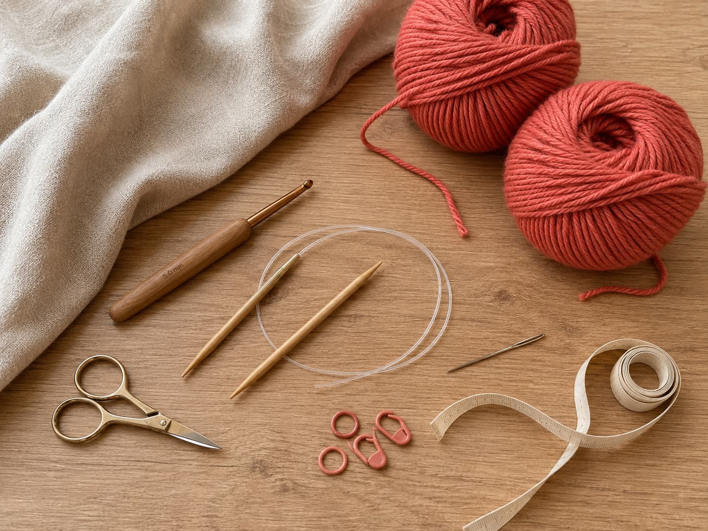 A 5.0 mm crochet hook, a circular knitting needle, shared scissors, tape measure, stitch markers, tapestry needle, and two matching warm-coral yarn balls arranged neatly on natural linen.