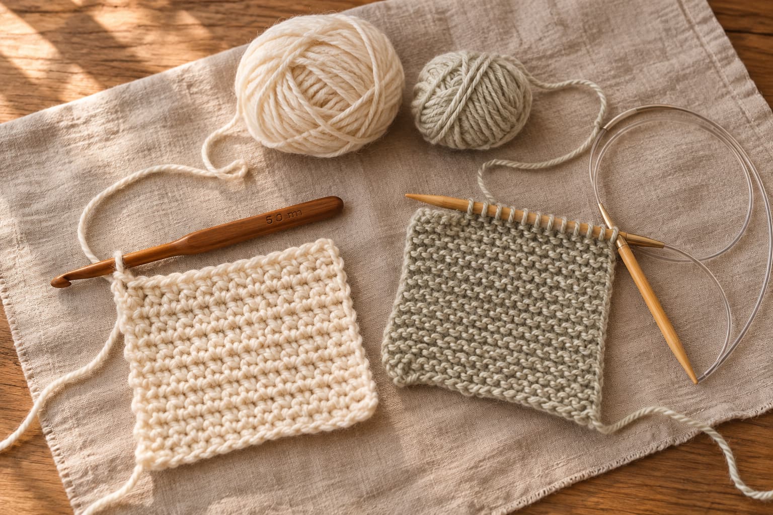 One crochet hook, one pair of circular knitting needles, two small light-colored yarn balls, and simple practice swatches on linen.