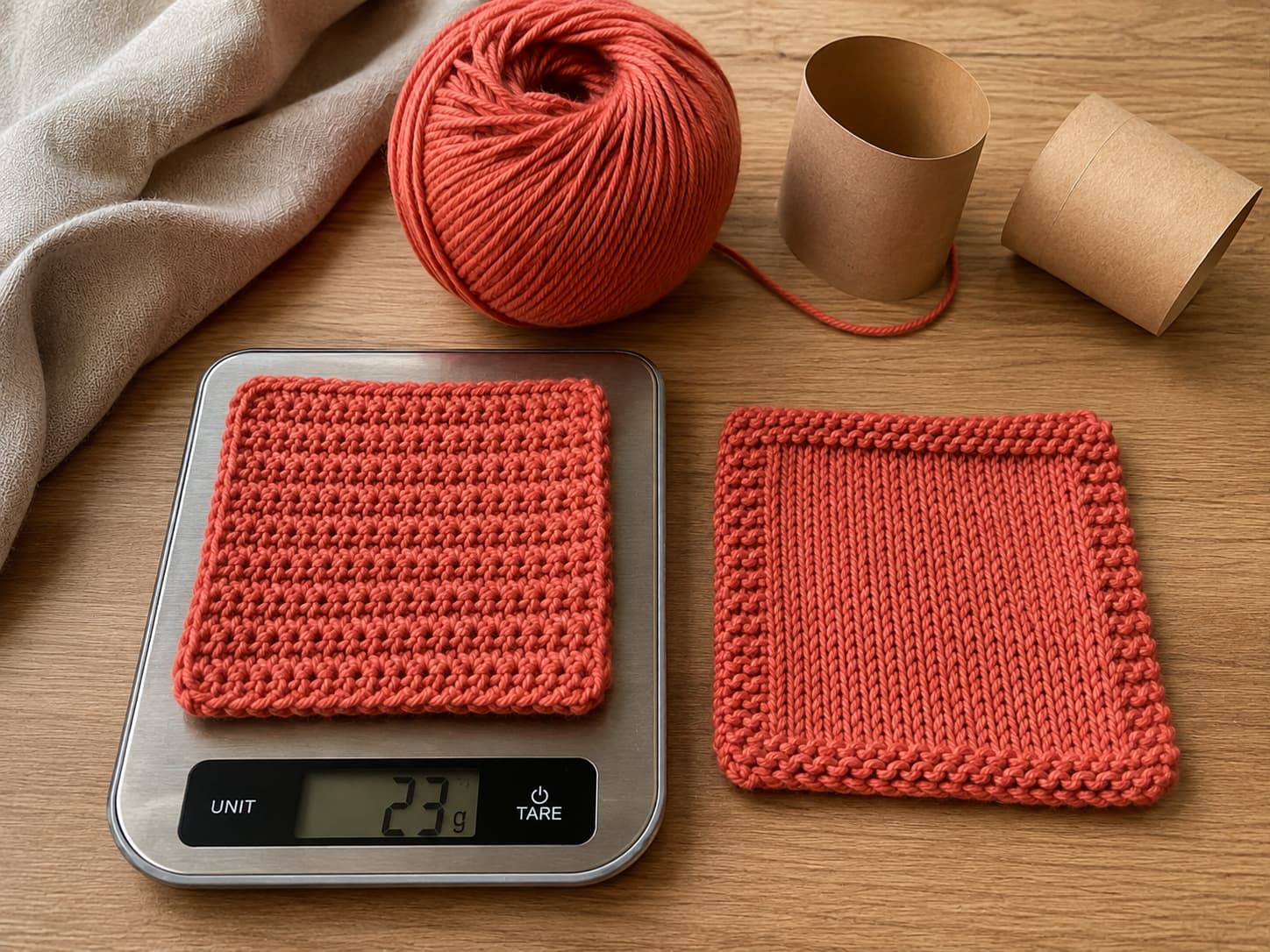 Warm-coral yarn labels, a calculator, notebook, and a measured swatch arranged for project-cost and meterage calculations.