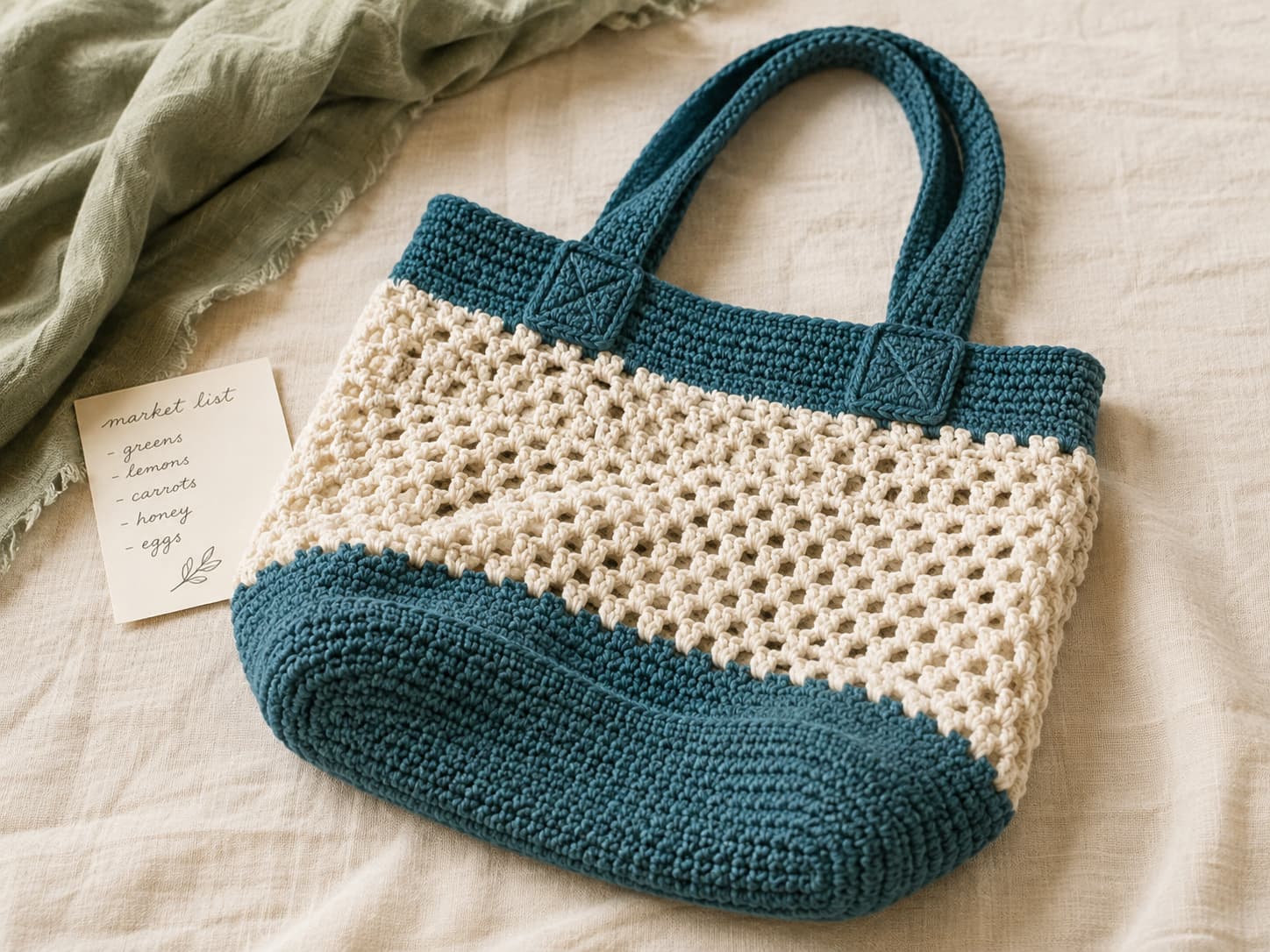 Peacock-teal and warm-cream crochet market bag folded with a produce-list card and reinforced handles visible.