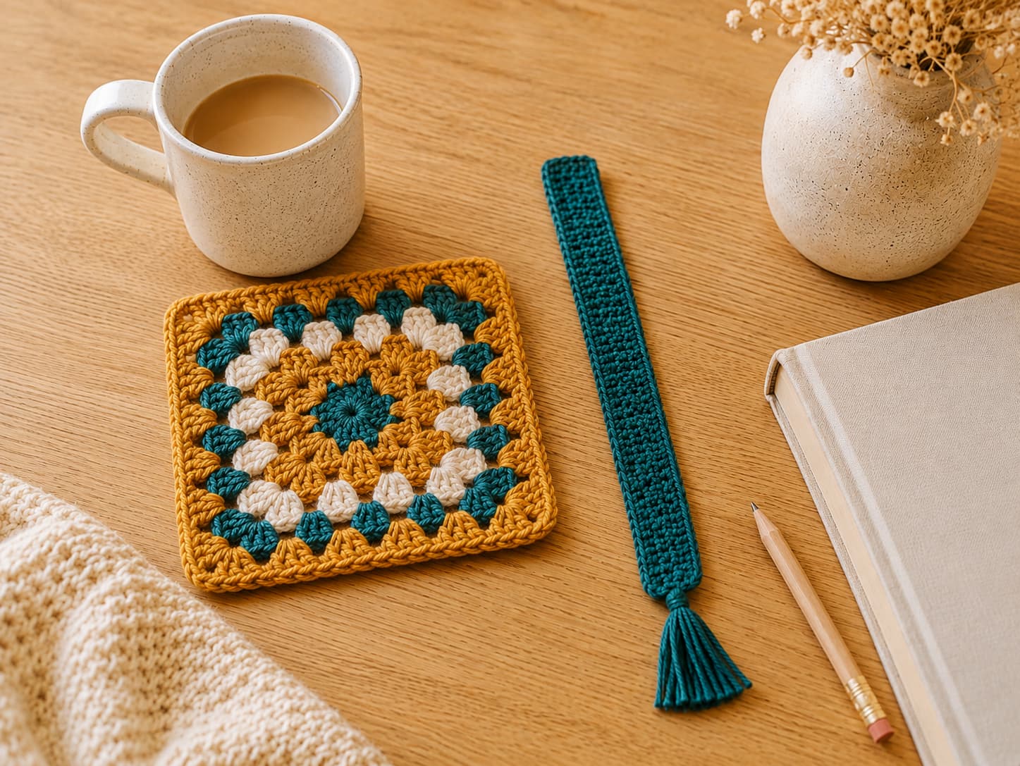 Amber granny-square mug rug and slim peacock-teal crochet bookmark styled beside a mug, book, and pencil on a warm wooden desk.