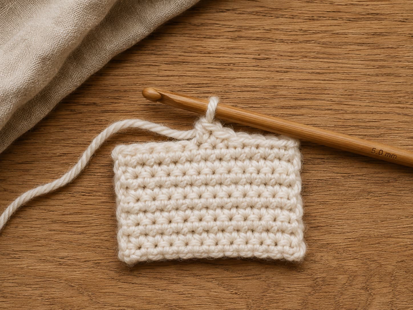 Close-up of a crochet hook holding one active loop above a small cream crochet swatch.